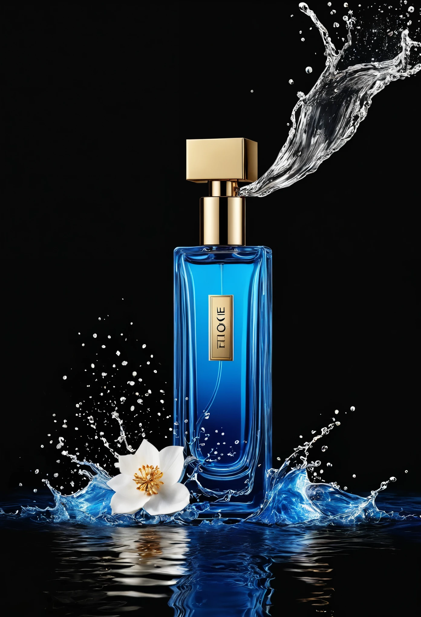 Attractive design on a black background with blue product display, Leave an empty space,So I can insert an image of Perfume falling into the water . The background should exude elegance and sophistication, Melhore o apelo visual do perfume que colocarei na imagem. You are free to use enlightenment, texturizado, and composition to create a luxurious atmosphere,Uma vez adicionado,Perfume will be the central focus.