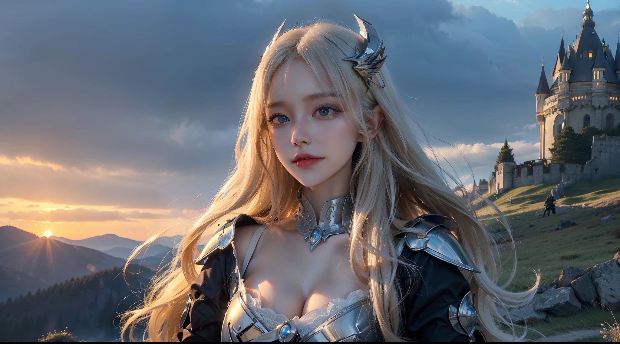 ((best quality, 8k, sharp focus, 35mm lens, masterpiece: 1.2, backlight, The ultimate girl, Highly detailed facial textures, Highly detailed facial textures, Delicate makeup: 1.2, Realistic skin, Delicate bangs)), Mountain background at night, (Detailed full metal armor), Handheld flame gun, (eagle helmet), female war goddess, Inverted triangle face, grinning, Delicate Divine Pale Blonde Hair, messy long curly hair, wind, light mist, Devil's Castle, Beautiful and detailed dark blue eyes, Determination and brave face, The final battle, absurd,