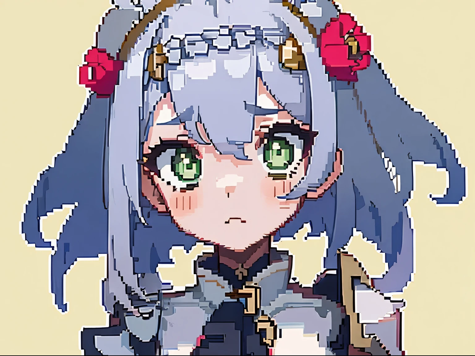 masterpiece, high quality, hcnone, pixel art, 1girl, noelle genshin impact, silver hair, green eyes, simple gold color background