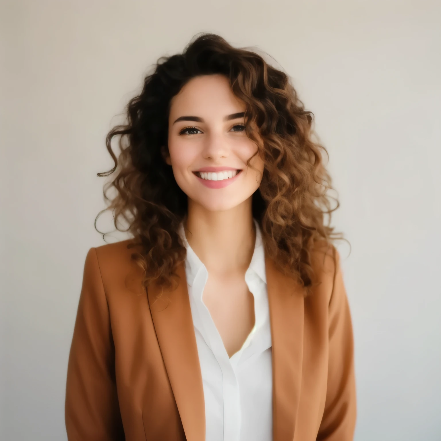 Face photo, white and detailed skin girl, side smile, slightly pink buxexa, long and slightly dark brown and curly hair, casual clothing
