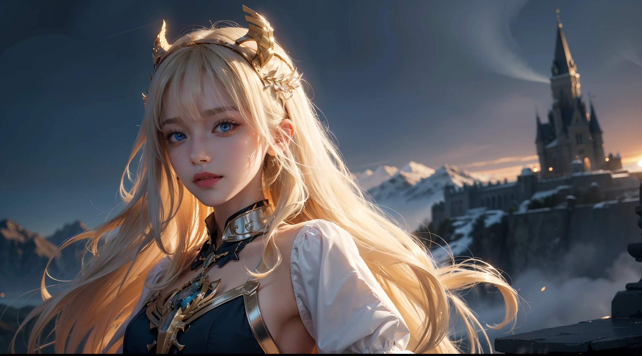 ((best quality, 8k, sharp focus, 35mm lens, masterpiece: 1.2, backlight, The ultimate girl, Highly detailed facial textures, Highly detailed facial textures, Delicate makeup: 1.2, Realistic skin, Delicate bangs)), Mountain background at night, (Detailed full metal armor), Handheld flame gun, (eagle helmet), female war goddess, Inverted triangle face, grinning, Delicate Divine Pale Blonde Hair, messy long curly hair, wind, light mist, Devil&#39;s Castle, Beautiful and detailed dark blue eyes, Determination and brave face, The final battle, absurd, 