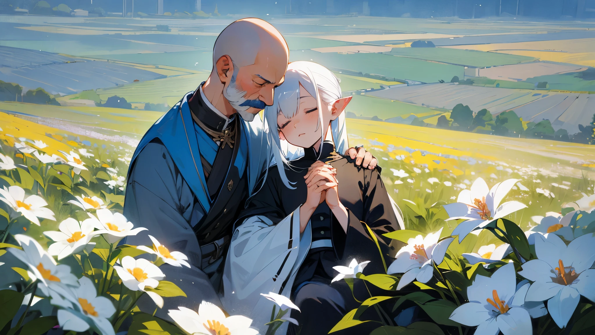Field of flowers, a male human with blue and white hair, 80 years old, old face, bald head, mustache, sleeping holding hands, a female mage with long ears and white hair.