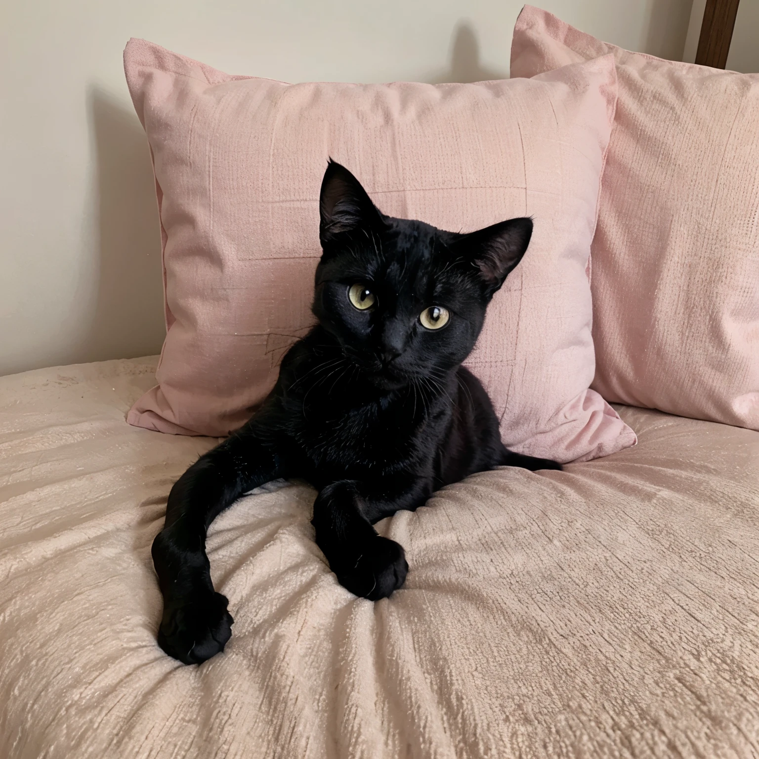 A black cat , with a cute face , in a pink pillow