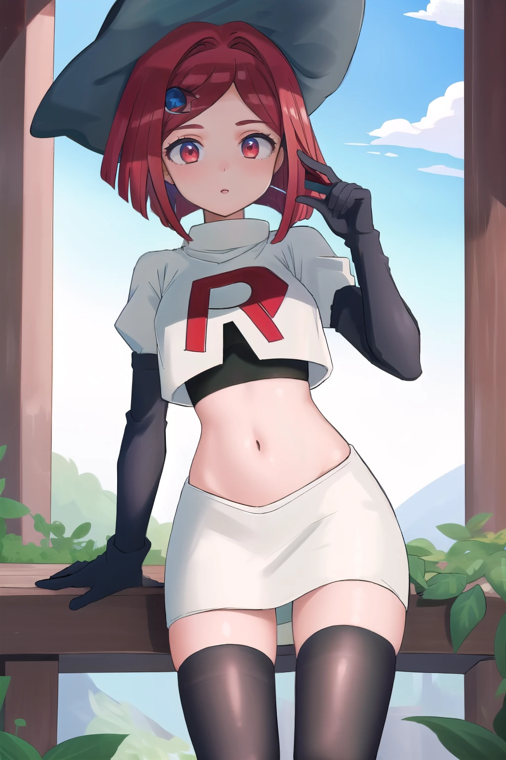 Masterpiece, Best Quality,  1girl, hat, witch hat, outdoors, sky, team rocket,team rocket uniform,white skirt,red letter R,crop top,black thigh-highs,black elbow gloves
