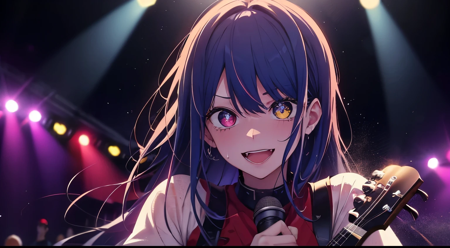 heterochromia、red eyes,yellow eyes、Idol singer singing with live music、Singing while sweating alone、Have fun with a smile、Hair color is blue hair、Proud Idol、slim figure、The background is the stage