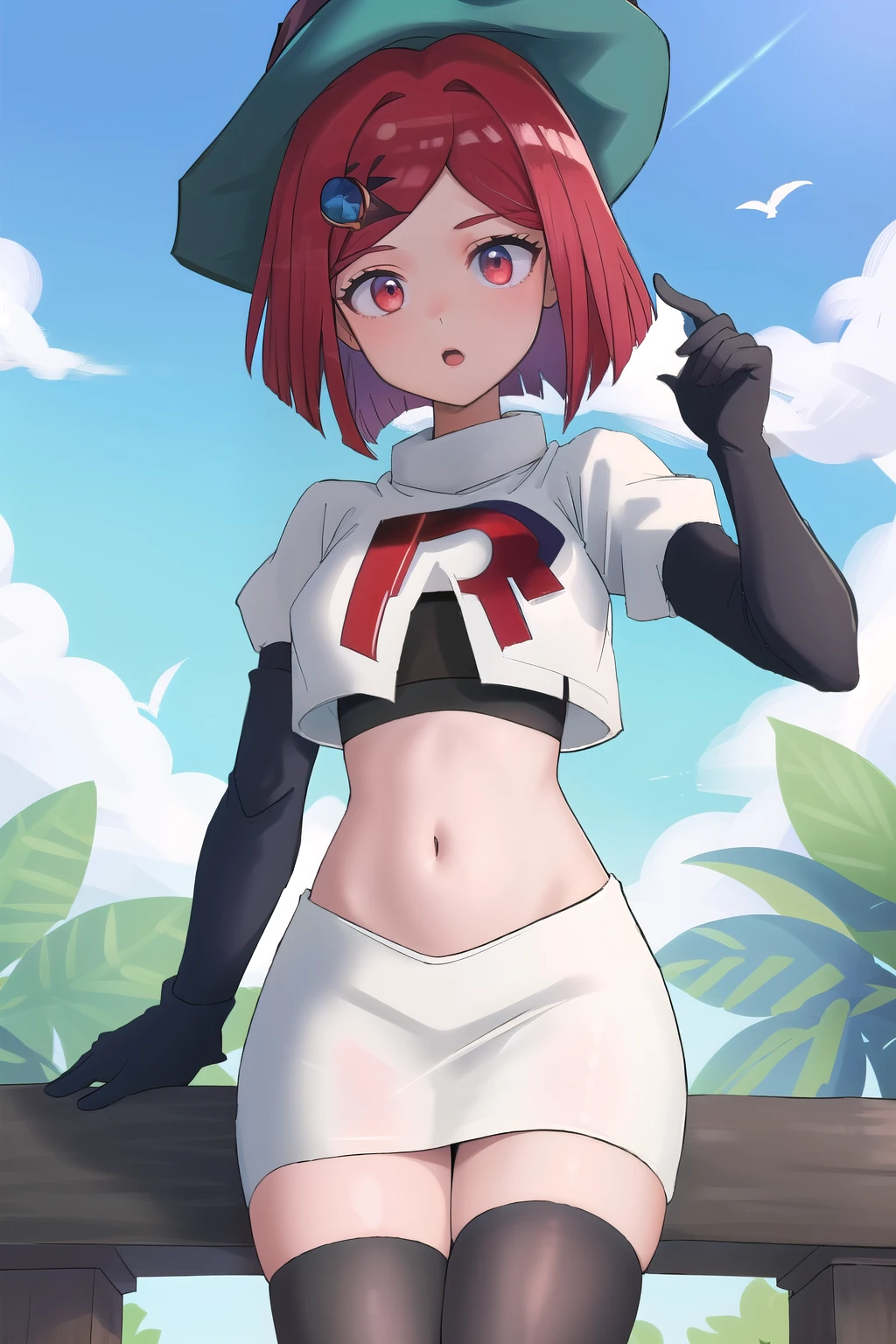 Masterpiece, Best Quality,  1girl, hat, witch hat, outdoors, sky, team rocket,team rocket uniform,white skirt,red letter R,crop top,black thigh-highs,black elbow gloves