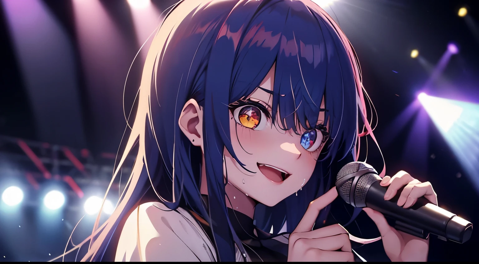 heterochromia、red eyes,yellow eyes、Idol singer singing with live music、Singing while sweating alone、Have fun with a smile、Hair color is blue hair、Proud Idol、slim figure、The background is the stage