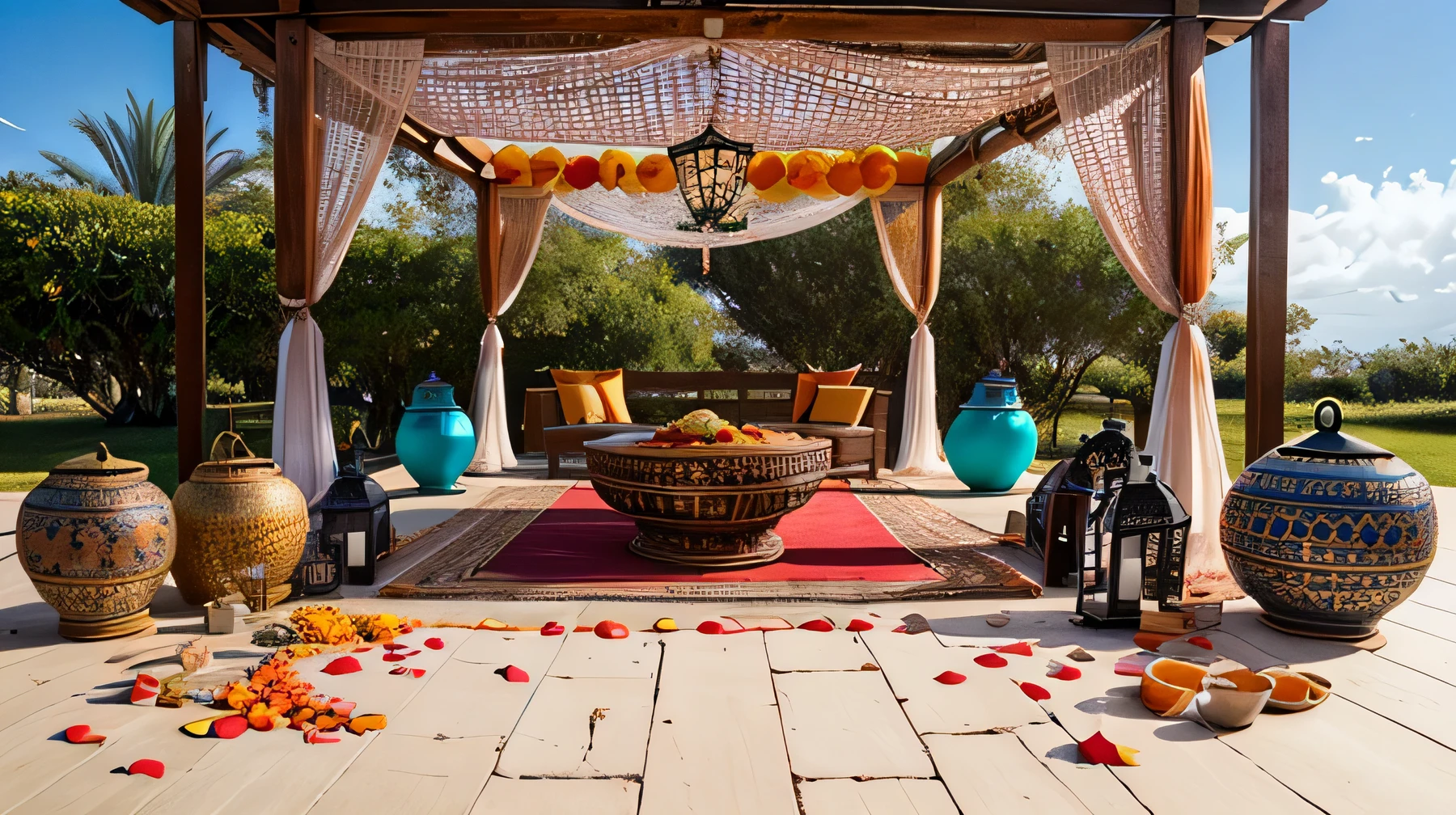 Indian mehndi ceremony, it is daytime, ocean and palm trees in the background, several floral garlands hanging from mandap, small flower petals spread on the floor. Two ottomans in the foreground, several large bowls filled with orange powder, Moroccan lanterns on the floor, large bowls filled with flower petals are on the floor.