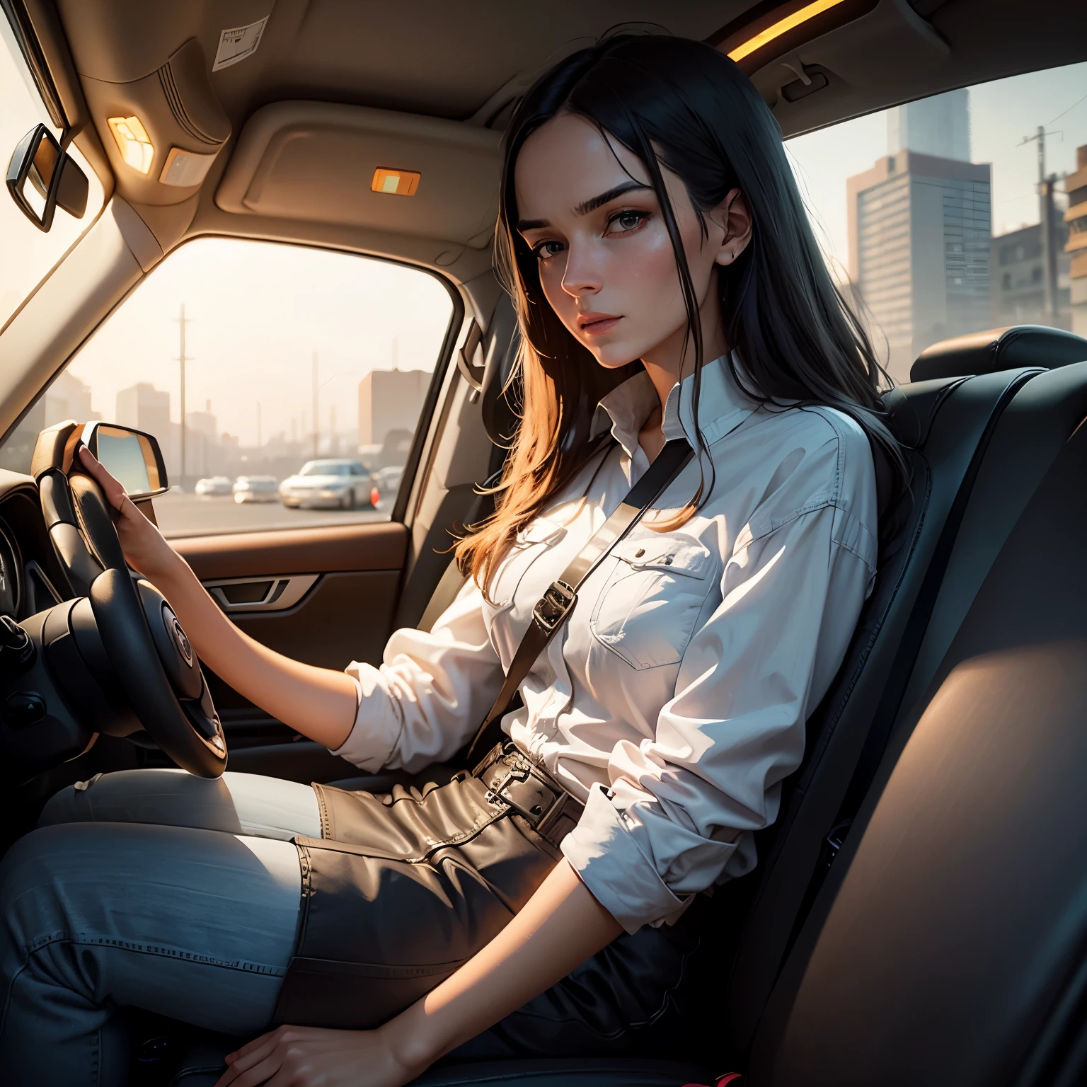they are sitting in the back of a car with a man and woman, beeple and jean giraud, alena aenami and android jones, octane trending on cgsociety, by mads berg, ( ( mads berg ) ), beeple and tim hildebrandt, by Marius Borgeaud, photorrealistic concept art, by Scott Gustafson