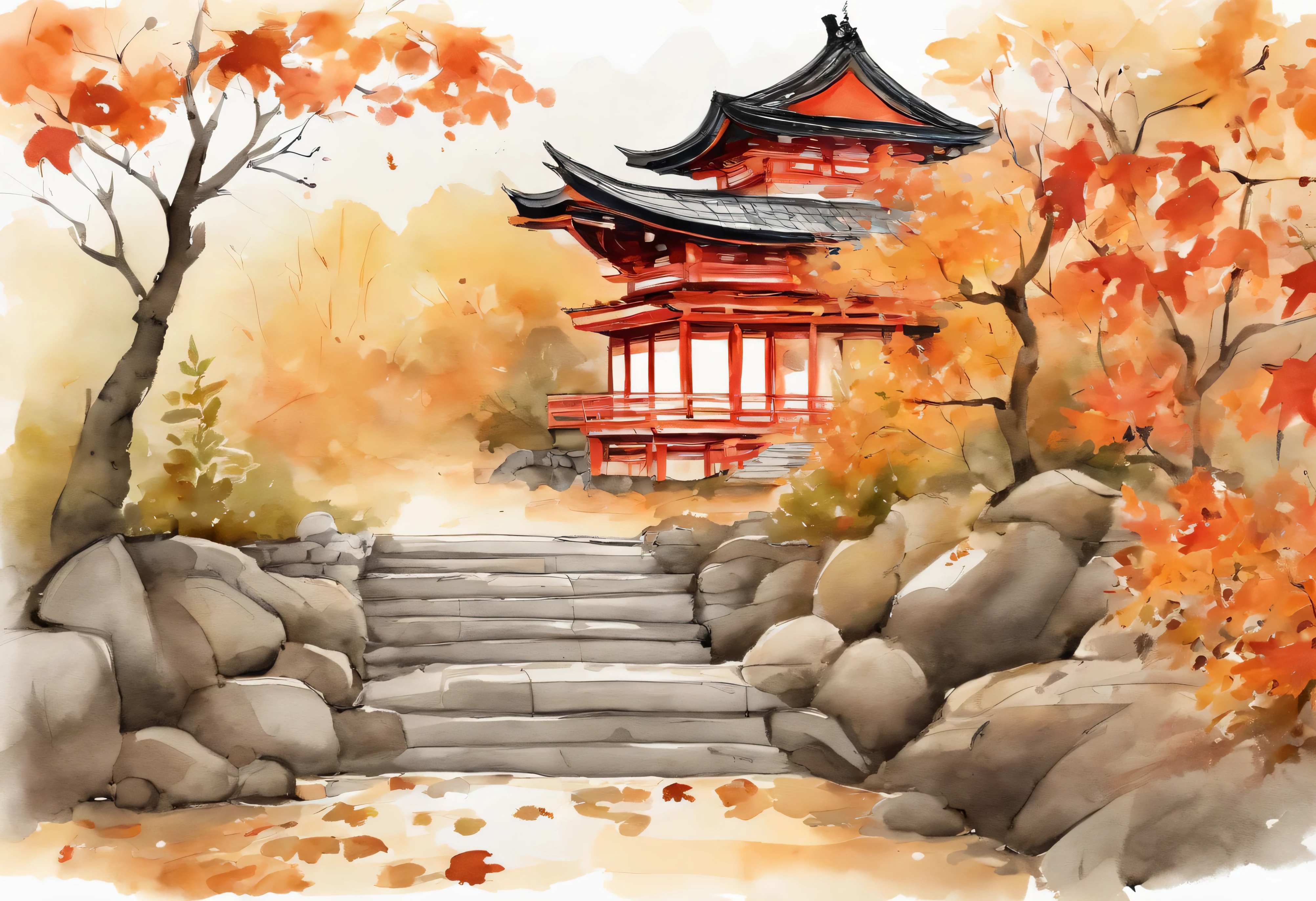 ((relaxing cat))、Kyoto temple in autumn leaves、Simple line art illustration、minimalism