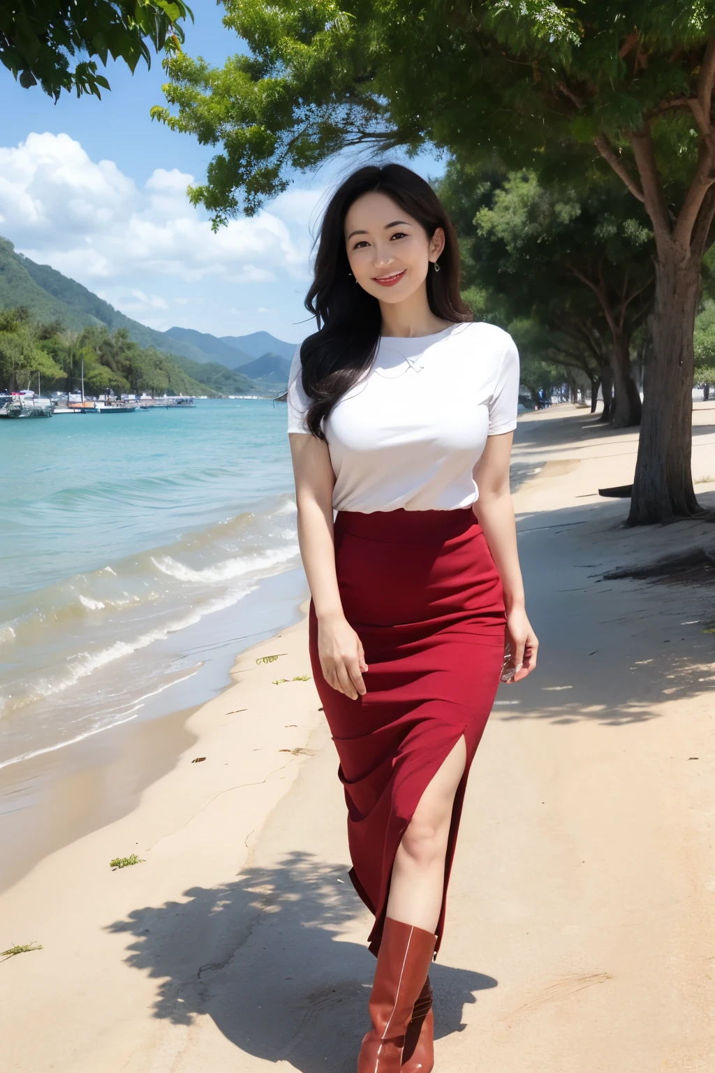 Draw lips correctly, red lipstick, from chest up, best quality, Super detailed, lifelike, Super fine skin, perfect anatomy, (1 日本Mature的女人), (alone),Wearing a green round neck long dress,short sleeve,white boots,wavy long hair,40 year old female,Mature,charming smile,beach background,stand,Slightly fat(1.2),Big breasts(1.2),full-body shot。