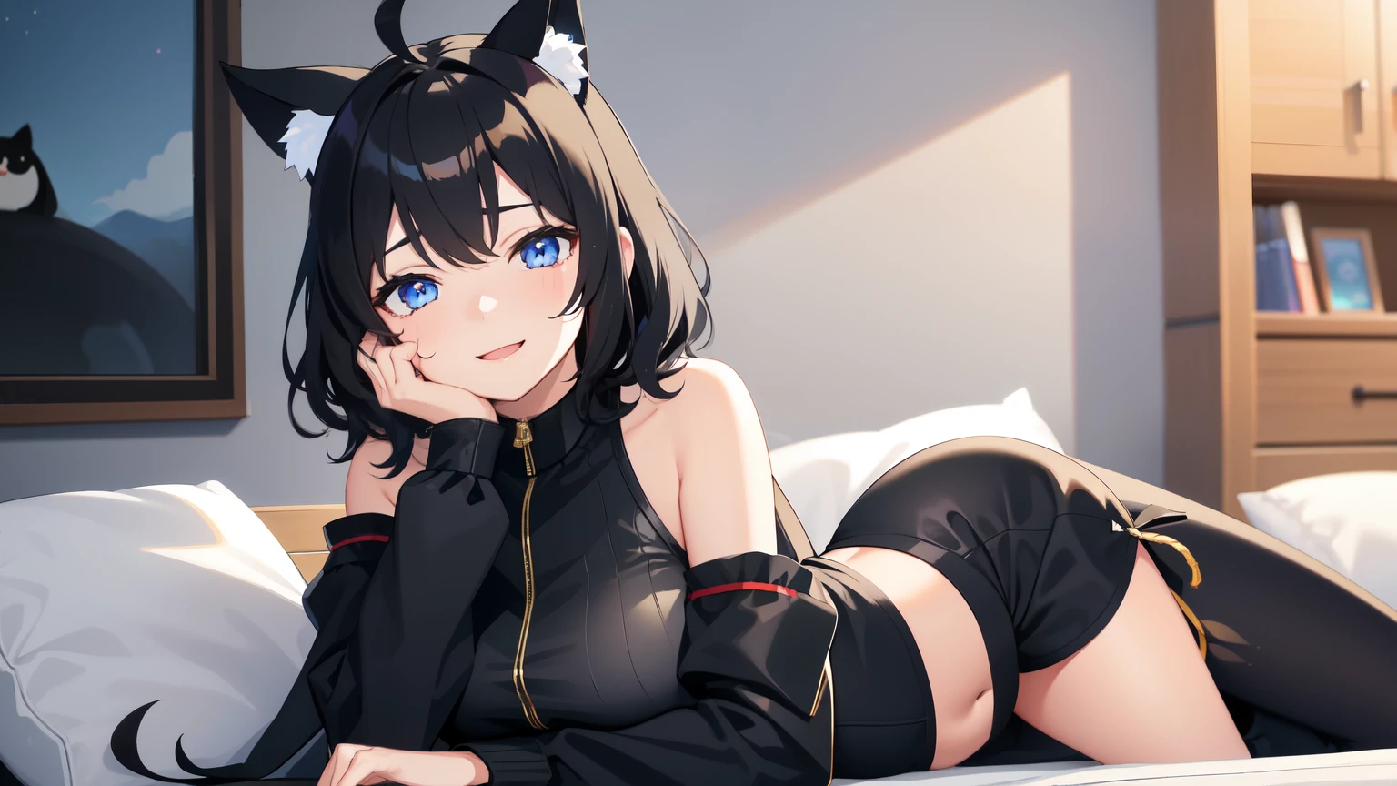 looking at the viewer, 1 girl, open your mouth, smile, Virtual YouTuber、with a girl、((highest quality, expensive_solve, clear_image)),(black hair), (black cat ears), (Ahoge), (ridiculously short hair), (wavy hair), (blue eyes)、very big breasts,dressed in loungewear、lonely face、had alcohol