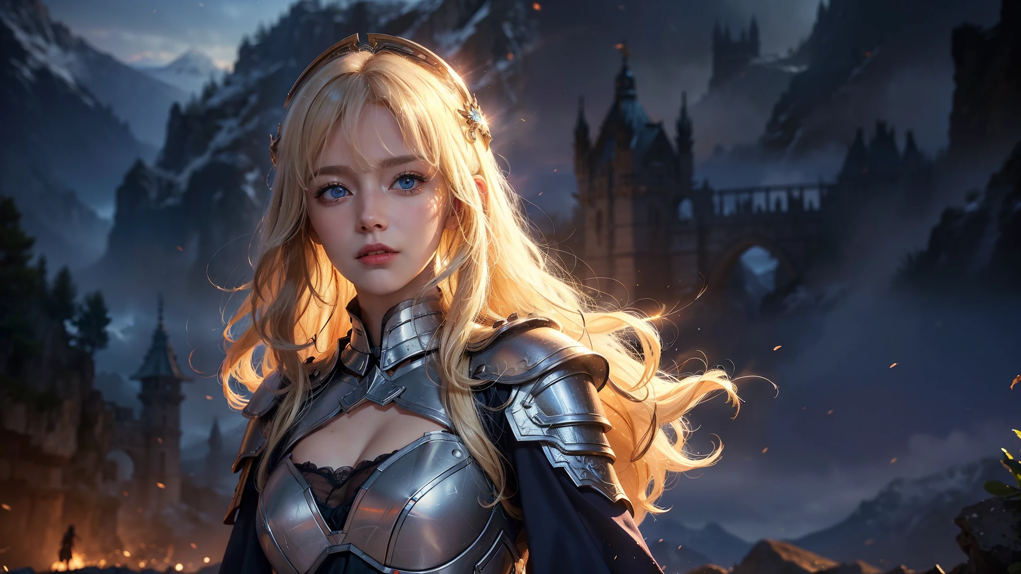 ((best quality, 8k, sharp focus, 35mm lens, masterpiece: 1.2, backlight, The ultimate girl, Highly detailed facial textures, Highly detailed facial textures, Delicate makeup: 1.2, Realistic skin, Delicate bangs)), Mountain background at night, (Detailed full metal armor), Handheld flame gun, (eagle helmet), female war goddess, Inverted triangle face, grinning, Delicate Divine Pale Blonde Hair, messy long curly hair, wind, light mist, Devil's Castle, Beautiful and detailed dark blue eyes, Determination and brave face, The final battle, absurd,