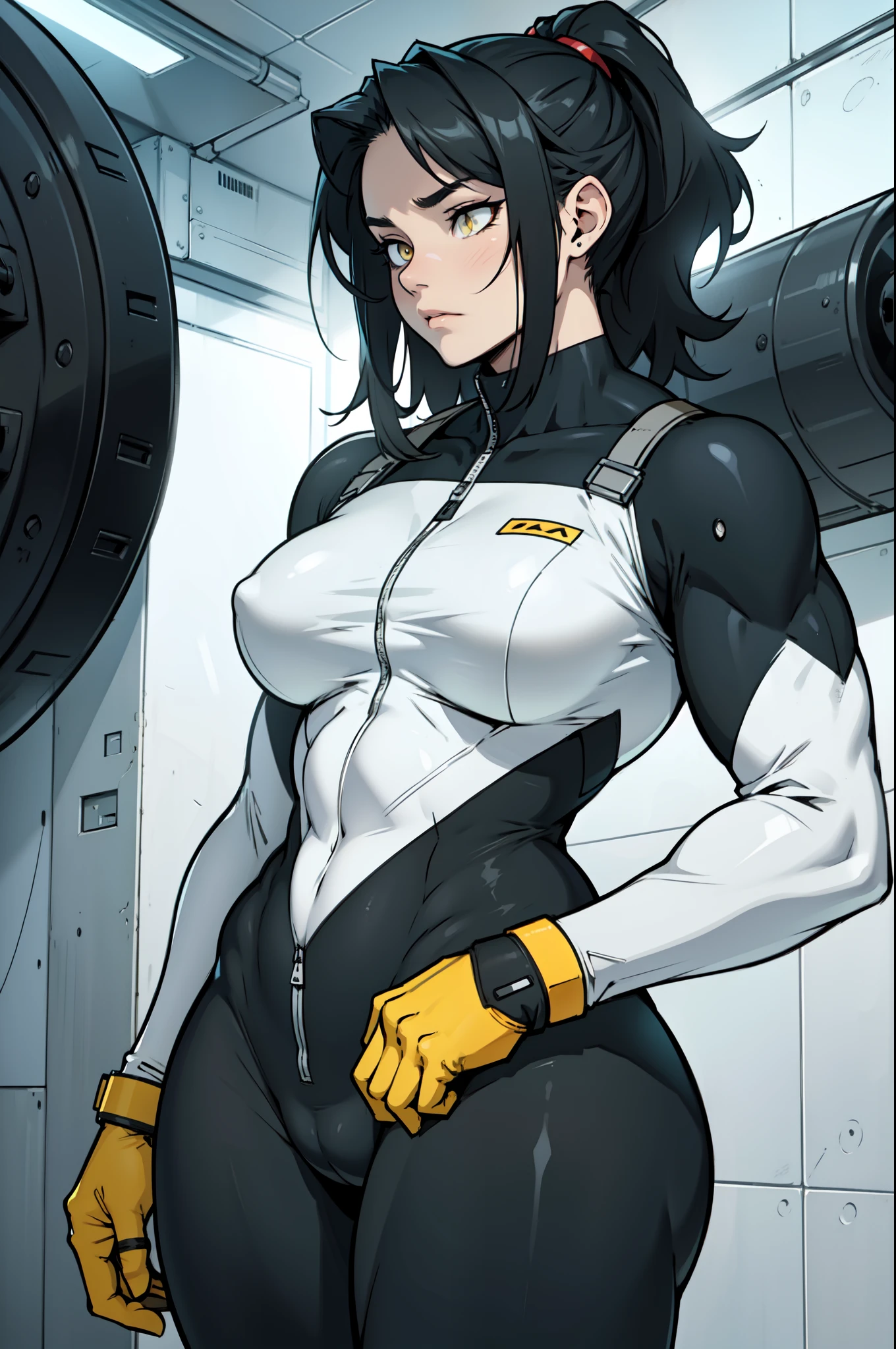 sad girl muscular muscular muscular breasts breasts breasts thick thick thick thick black hair yellow eyes pale skin pale skin thick thick thick dark atmosphere thick thick thick thick thick thick muscular simple background sad sad sad sad full bodysuit pilot suit skintight