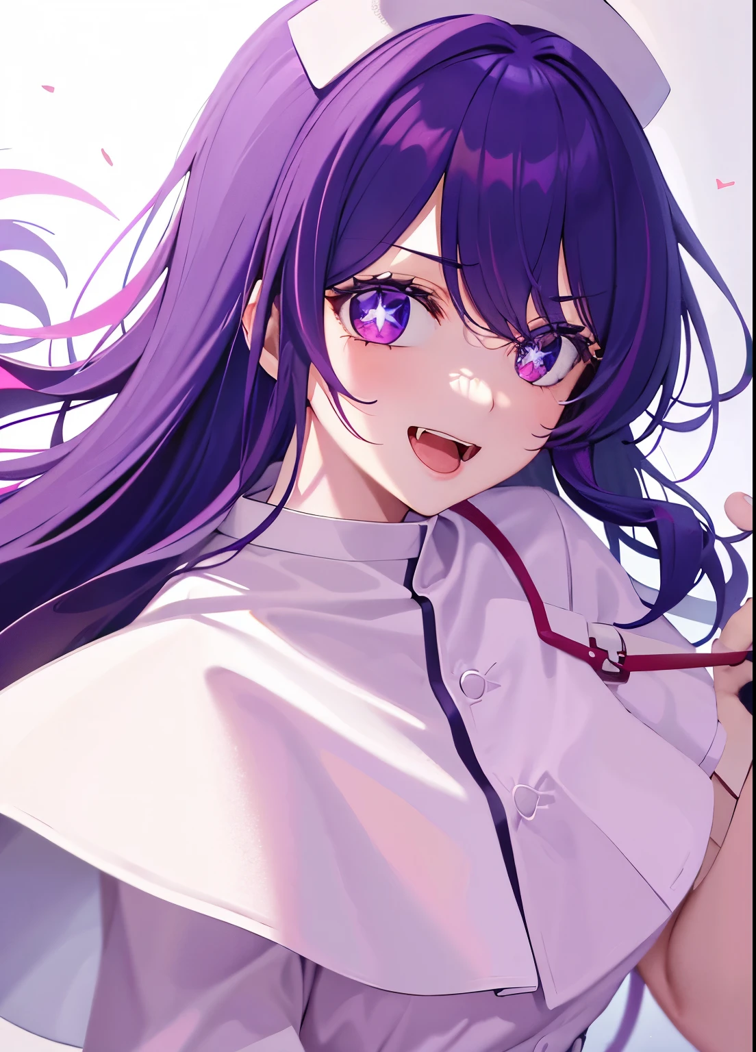 one-girl，nurses（（There is a five-pointed star in the eye））Gorgeous Hair in Long Purple，Smile，Open mouth ，nurses，hospitals，White nurse clothes，White nurse hat，looki at viewer，Blood