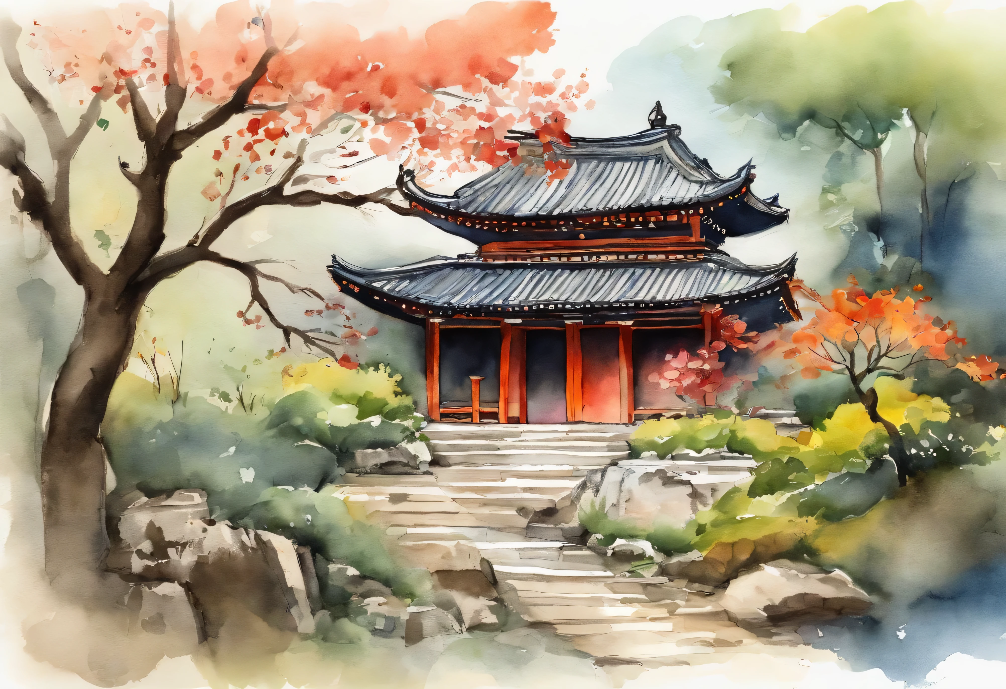 relaxing cat、old temple in kyoto、Simple line art illustration、minimalism