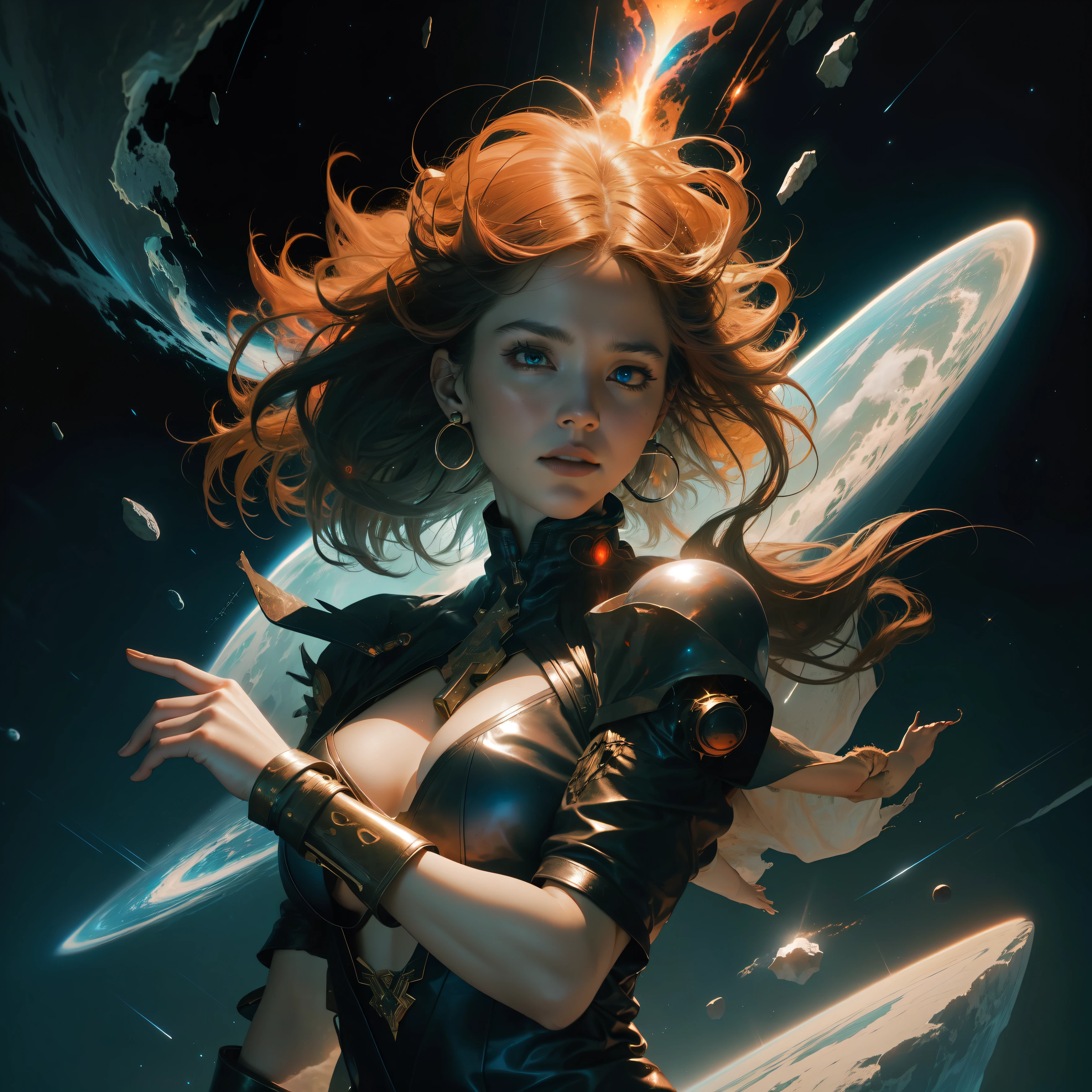 space background, cosmic nebula, shine, factorial, galaxies, fire and Ice, phenomena from a cloud of stars, dynamics, open chest, high quality, photorealism, fire and Ice, hands are burning, red leather dress with open chest, Ice Cloak