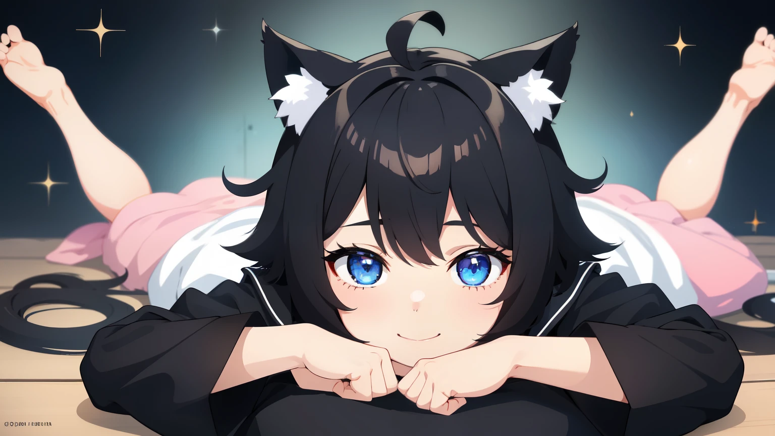 looking at the viewer, 1 girl, open your mouth, smile, Virtual YouTuber、with a girl、((highest quality, expensive_solve, clear_image)),(black hair), (black cat ears), (Ahoge), (ridiculously short hair), (wavy hair), (blue eyes)、very big breasts,Dressed in Japan 、laughter、