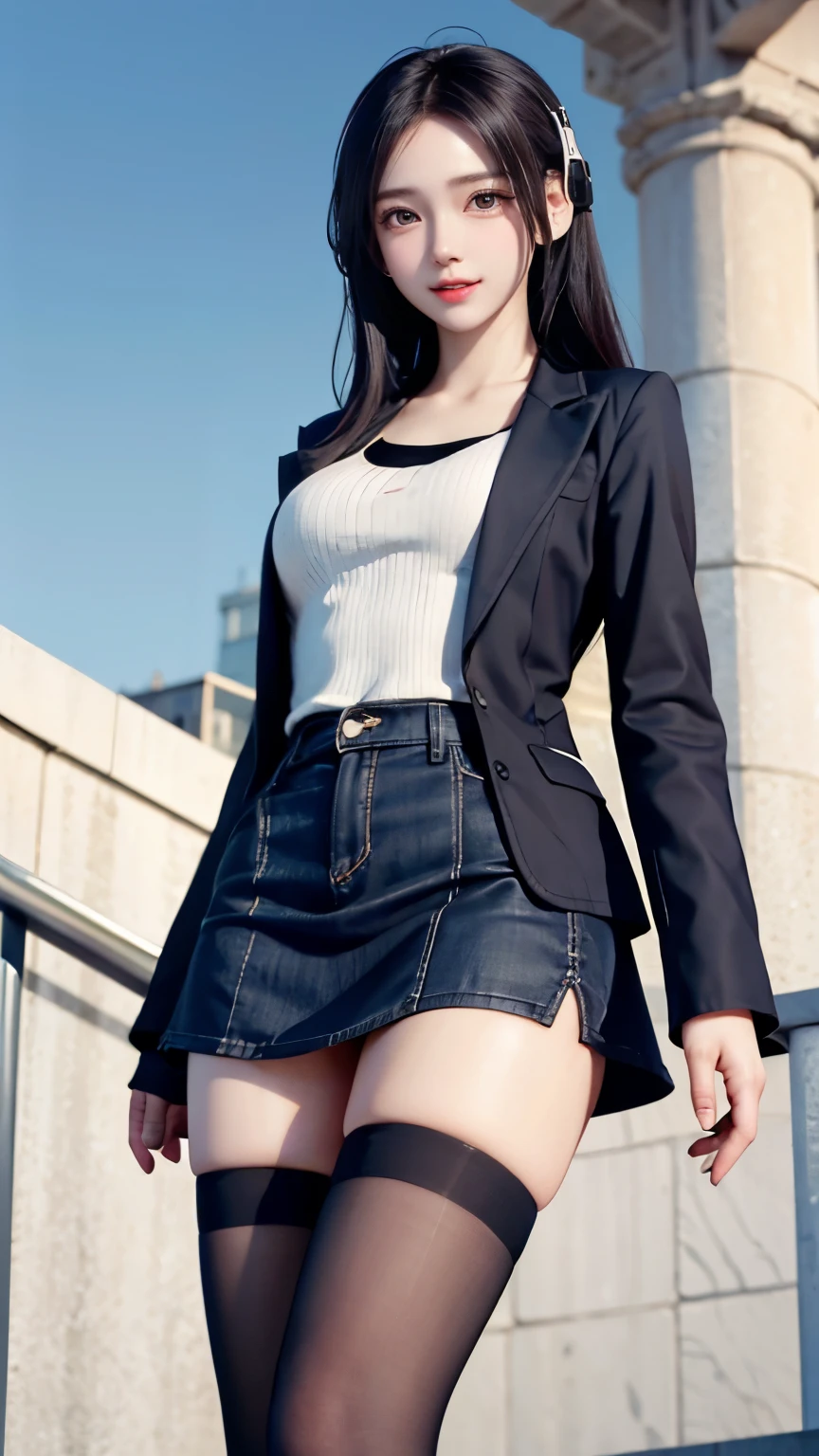 、Supermodel、perfect shape、Muchimuchi、Three girls are looking at the viewer、 3 girls、、Thighhighs、beautiful feet、coat、cyber punk、headphone、gentle smile、Seen by girls from below、Innocent face、mini skirt