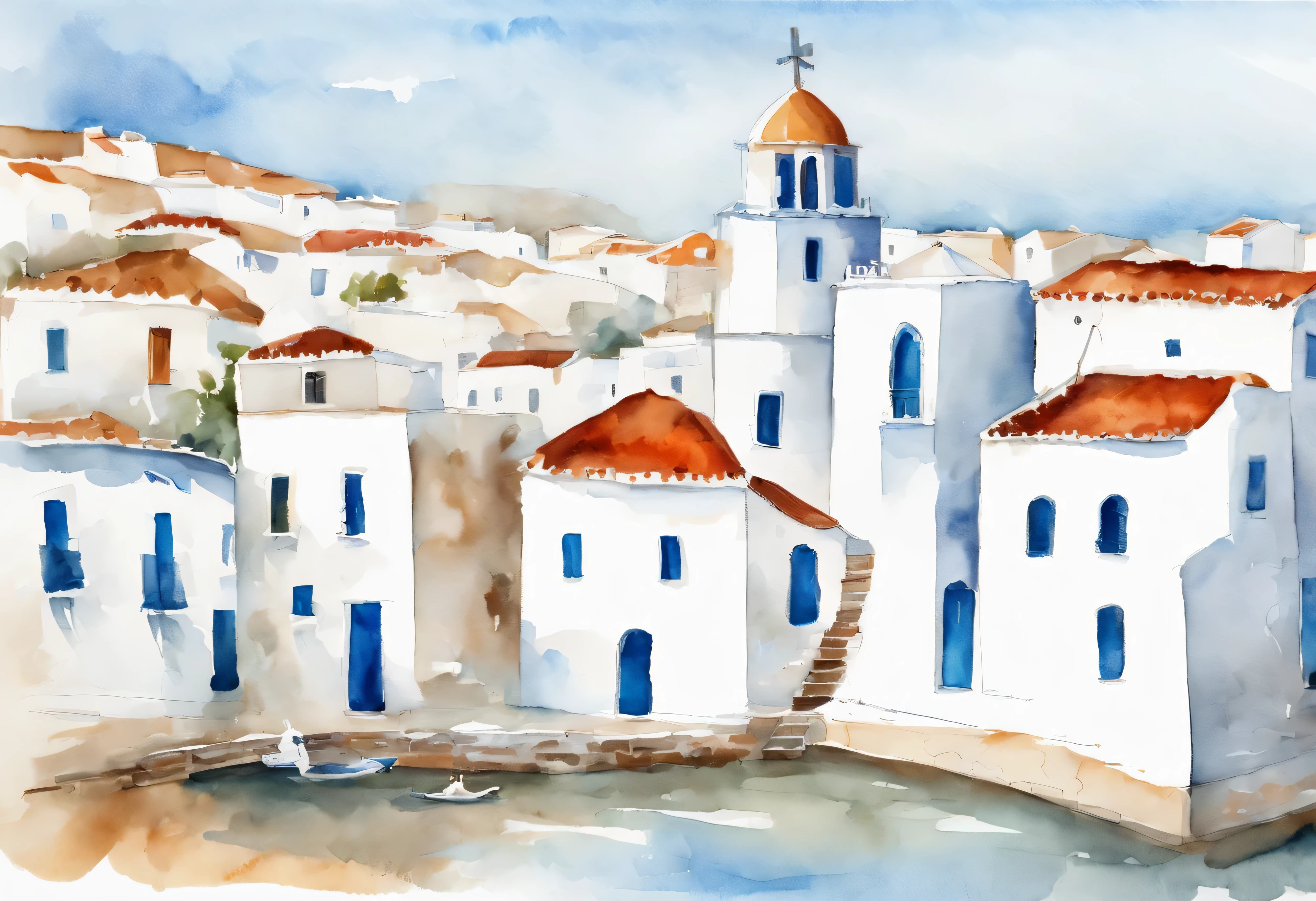 ((relaxing cat))、Mykonos summer sea, Greece、White-walled windmill and church、Simple line art illustration、minimalism