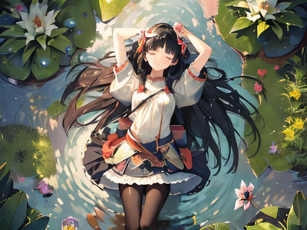 (masterpiece, absurd quality, best quality, official art, beautiful and aesthetic:1.2), 16K, cute it girl, extreme detailed, digital art, colorful, highest detailed, vivid color, by famous artist, (transform sequence), dynamic angle, landscape, scenery, flower, deep pond, dim , (floating on the pond), (soro:1.5), (1girl:1.5), lipstick, eyelashes, extremely detailed face, eyelashes, extremely detailed face, (perfect legs, perfect hands, perfect anatomy：1.1), depth of field, beautiful lighting, (floating hair:1.3), detailed skin, shiny, (suspended:1.5), (Uplifting:1.5), shiny skin, shiny hair, shiny face, shiny skin, charshall2, (voluminous frills skirt,:1.5) ,(voluminous panniers in skirt:1.5), (sexual feeling:1.5), full body, (from above:1.4), (lie down on the pond:1.5), closed eyes, (wet clothes:1.4), pantyhose, very wide shot, (floating on the pond:1.3)