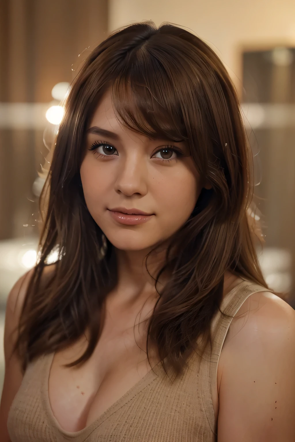 (Masseter muscle part:1.0)、(8K、Photoreal、RAW photo、highest quality: 1.4)、(1 girl)、beautiful face、(lifelike face)、(light brown hair:1.5)、(medium hair)、beautiful hairstyle、(One eye is hidden by bangs:1.5)、Realistic brown eyes、beautiful details、(skin that looks real)、beautiful skin、(black sweater)、absurd、Charm、embarrassing、ultra high resolution、surreal、high detail、golden ratio