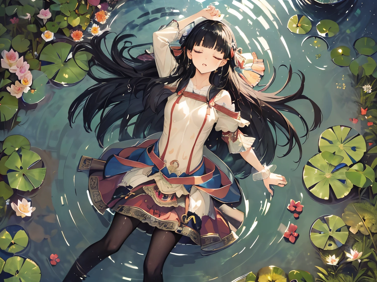 (masterpiece, absurd quality, best quality, official art, beautiful and aesthetic:1.2), 16K, cute it girl, extreme detailed, digital art, colorful, highest detailed, vivid color, by famous artist, (transform sequence), dynamic angle, landscape, scenery, flower, deep pond, dim , (floating on the pond), (soro:1.5), (1girl:1.5), lipstick, eyelashes, extremely detailed face, eyelashes, extremely detailed face, (perfect legs, perfect hands, perfect anatomy：1.1), depth of field, beautiful lighting, (floating hair:1.3), detailed skin, shiny, (suspended:1.5), (Uplifting:1.5), shiny skin, shiny hair, shiny face, shiny skin, charshall2, (voluminous frills skirt,:1.5) ,(voluminous panniers in skirt:1.5), (sexual feeling:1.5), full body, (from above:1.4), (lie down on the pond:1.5), closed eyes, (wet clothes:1.4), pantyhose, very wide shot, (floating on the pond:1.3)