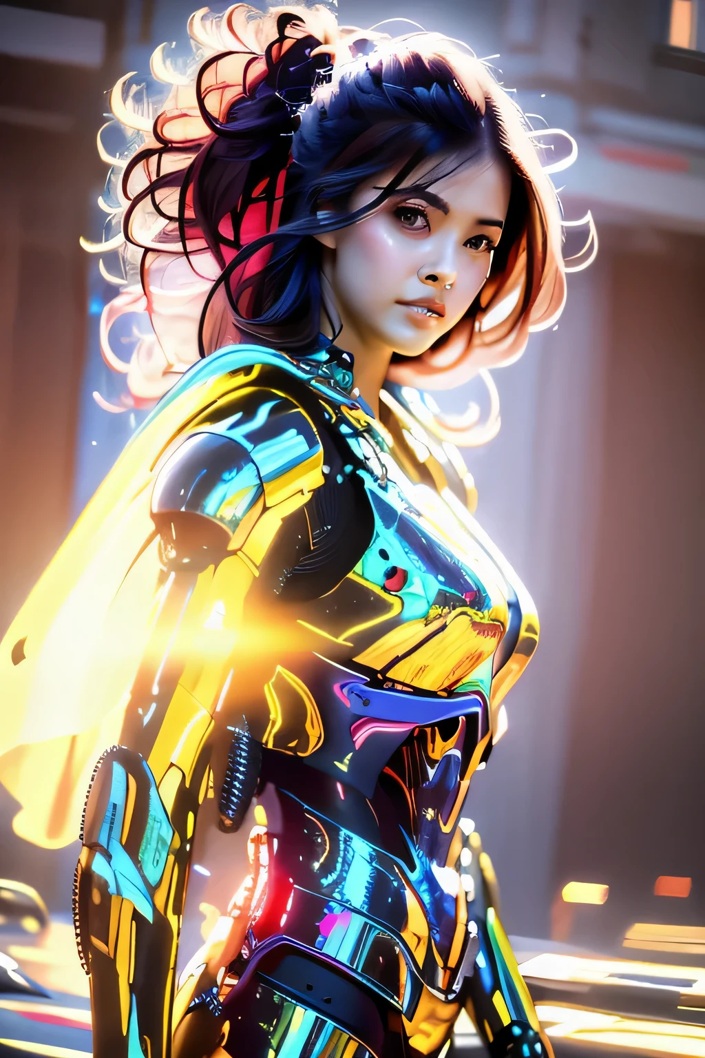 high-res, realistic, detailed eyes and face, flowing dress, fighting actions, vibrant colors, battle background, soft lighting, oil painting style