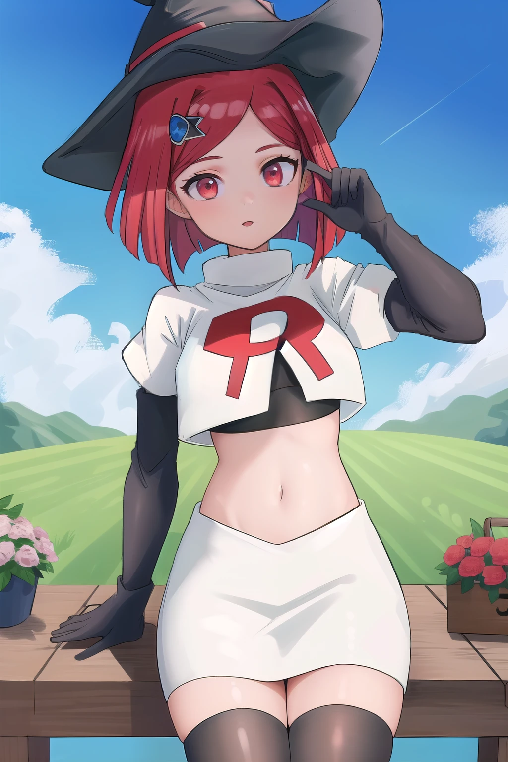 Masterpiece, Best Quality,  1girl, hat, witch hat, outdoors, sky, team rocket,team rocket uniform,white skirt,red letter R,crop top,black thigh-highs,black elbow gloves