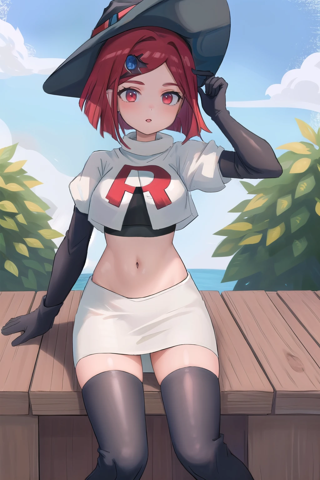 1 girl, 16 years old, mecha headgear, short hair, green hair, blue eyes, shine in the eyes, small breasts, red tank top, demin shorts, elbow gloves, cute girl, smiling, realistic, red shoes, in the park, full body in frame, sitting in a bench, beautiful girl
