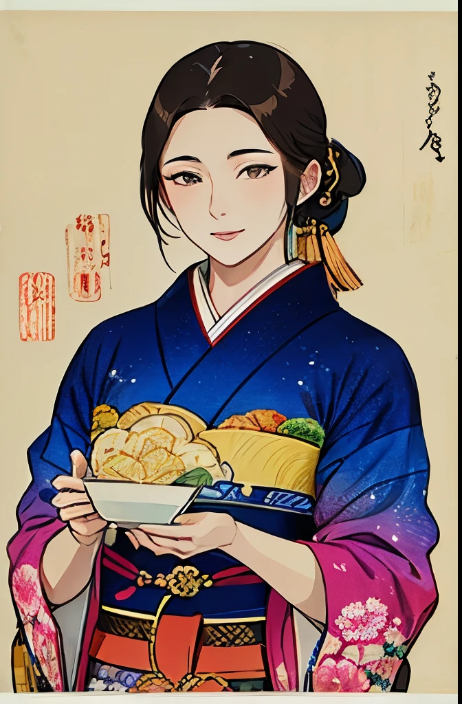 (Masseter muscle film、top quality、Ukiyo-e style、mystery、Exquisite and beautiful、official art、Sharaku:1.2)、(1 girl in:1.3)、(Fractal art:1.3)、cowboy shooting、fair skin、(beautiful brunette、kimono:1.2)、Set against the backdrop of traditional Japanese performing arts、colorful、(reel、Belongs to Japanese style:1.2)、