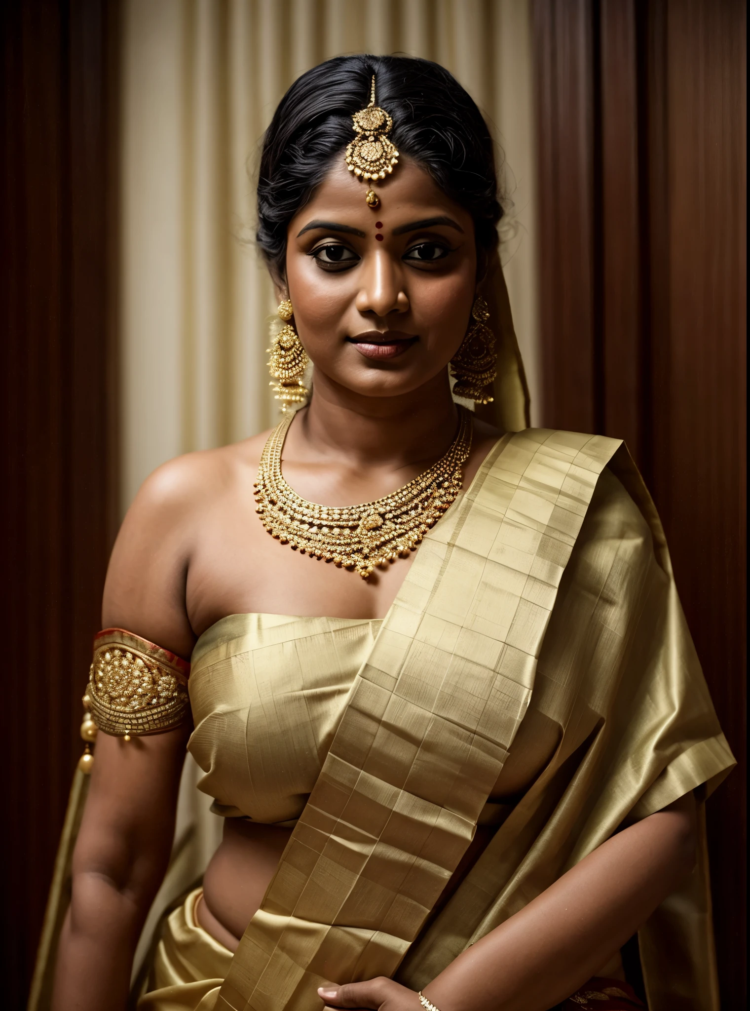 An Extremely gorgeous and beautiful Bengali village woman, 45 yo, pale white skin, sensual appealing body, perfect thick and chubby Beauty, wearing saree bare-chested, wearing a Bengali-style saree without a blouse,, ethnic vintage bengali village woman, bengali style saree, The sari was worn without a blouse and petticoat before the British Raj, baring one's chest or being blouseless, Bengalis a.k.a. Bongs are known for their unique Bengali fashion sense (the way they don that sari makes you go wow), Pre British Raj, Pre colonial era, Bengali Woman draping sari without blouse is a normal thing in pre British Era, bong woman,