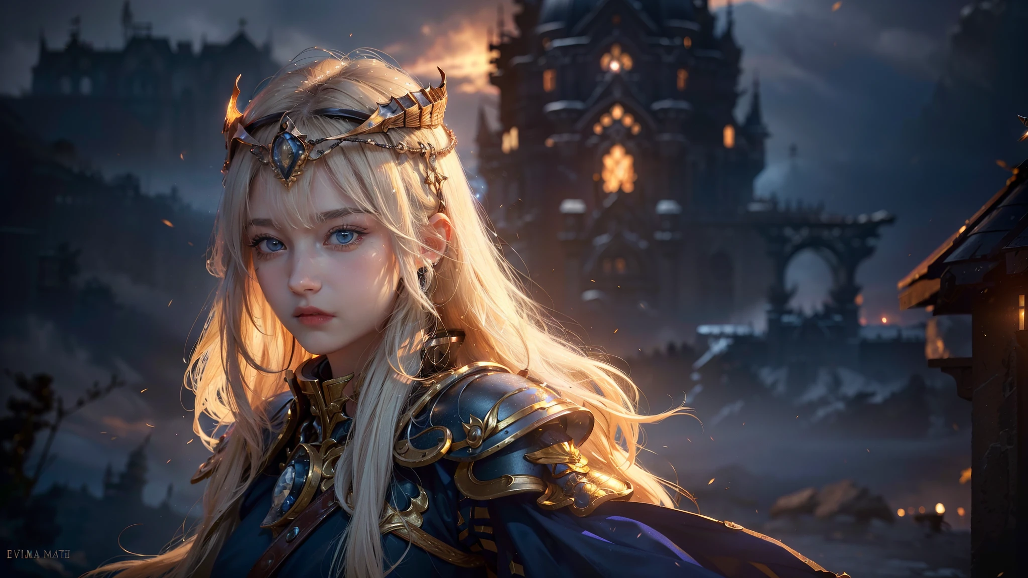 ((best quality, 8k, sharp focus, 35mm lens, masterpiece: 1.2, backlight, The ultimate girl, Highly detailed facial textures, Highly detailed facial textures, Delicate makeup: 1.2, Realistic skin, Delicate bangs)), Castle at night, (Detailed full metal armor), Gorgeous armor, (eagle helmet), female war goddess, Inverted triangle face, grinning, Delicate Divine Pale Blonde Hair, messy long curly hair, wind, light mist, Devil&#39;s Castle, Beautiful and detailed dark blue eyes, Determination and brave face, The final battle, absurd, 