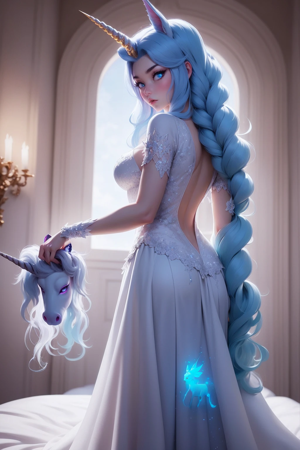 {-erro_de_anatomia:1.0} There is a white unicorn girl, blue mane and long mane, white unicorn, unicorn, unicorn horns, A unicorn, celestia, Nine stories, blue unicorn, soft dreamy, cinematic light《fangs》Unicorn in, mythological creatures, a mythical creature, Pokémon illustration, unicorns, a glaceon princess, white dress, opal eyes. Auroracore, ghostly iridescent, image good for rendering, laying in the bed, backwards, looking back. unicorn girl, full body.