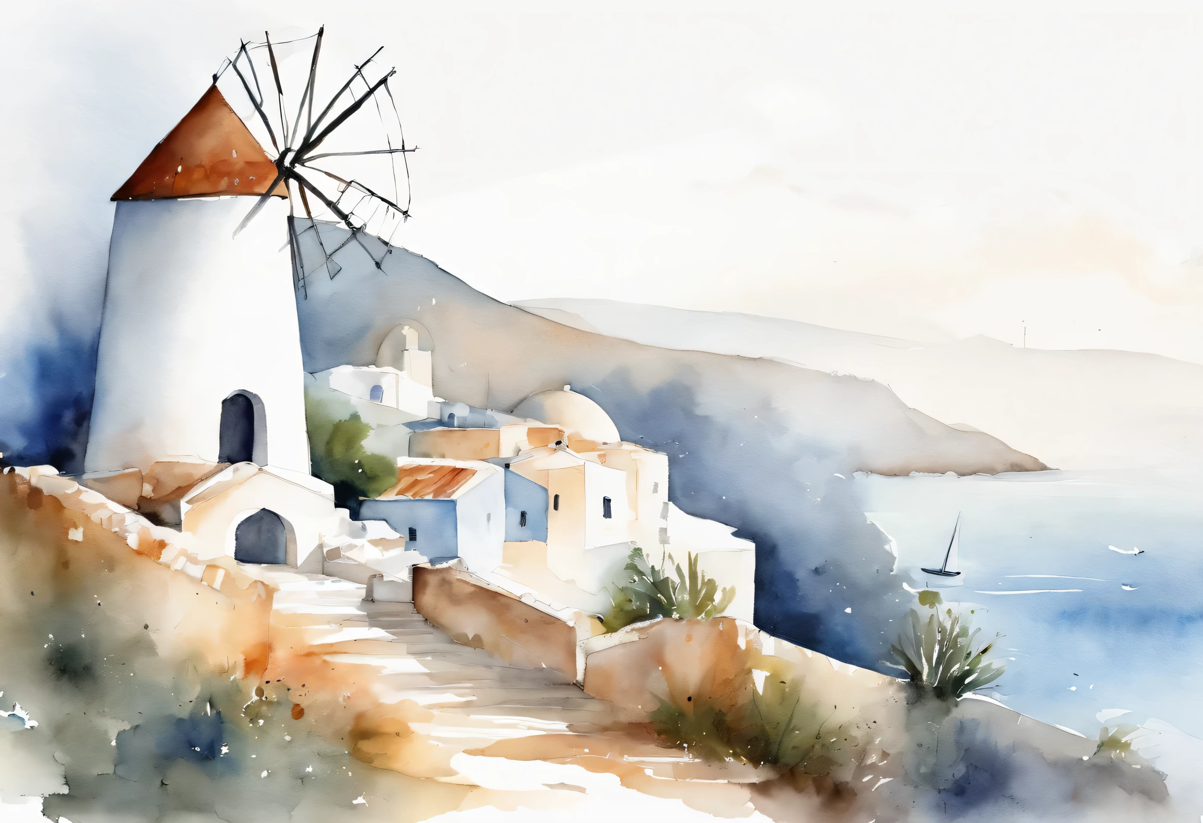 Greece summer sea and cat silhouette、White-walled windmill and church、Simple line art illustration、minimalism