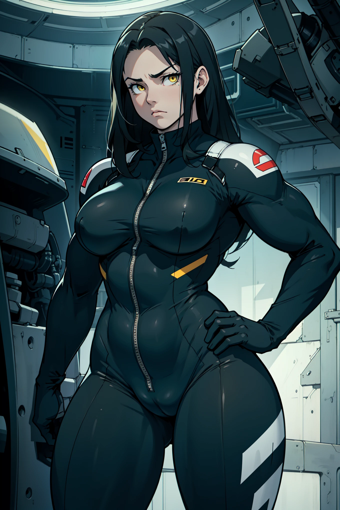 sad girl muscular muscular muscular breasts breasts breasts thick thick thick thick black hair yellow eyes pale skin pale skin thick thick thick dark atmosphere thick thick thick thick thick thick muscular simple background sad sad sad sad full bodysuit pilot suit skintight