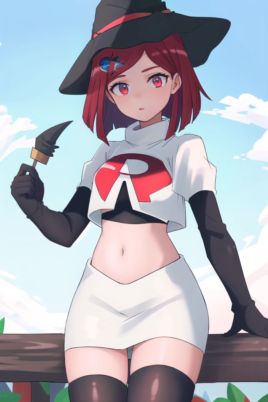 masterpiece, best quality, highres, yl1, ponytail, skull hair ornament, cowboy shot, outdoors, team rocket,team rocket uniform,white skirt,red letter R,crop top,black thigh-highs,black elbow gloves