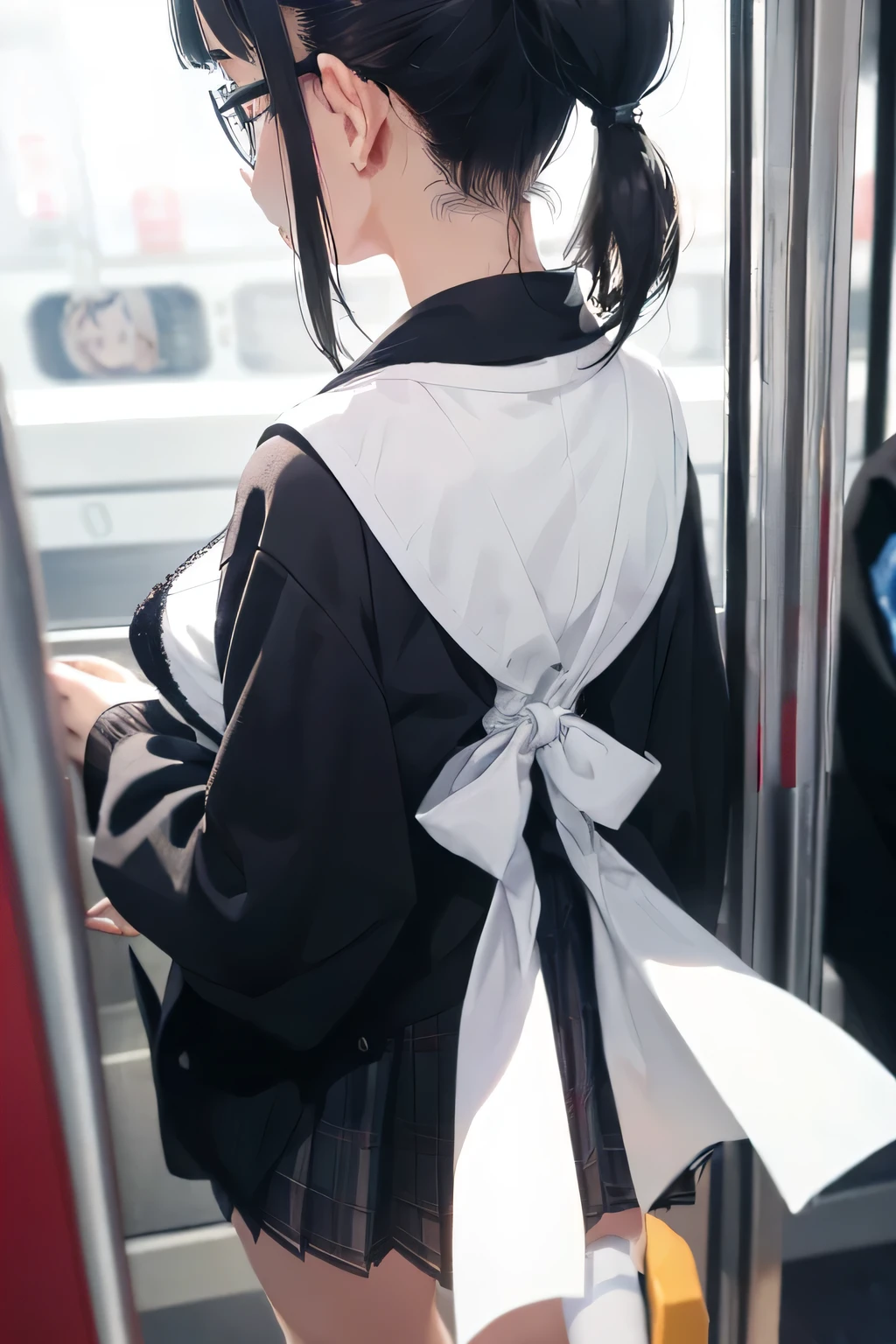 (8k、RAW photo、highest quality、masterpiece:1.2)、detailed background、beautiful and detailed face、beautiful and smooth skin、skin texture、professional lighting、
Black square glasses、cute10代の美少女,(two beautiful girls:1.2)、(huge breasts:1.3)、((セクシーなうなじを真後ろから超close、close of the nape from directly behind:1.5))、black hair braided side ponytail、
cute色のセーラー服、white sailor collar、pastel colored school cardigan、Pleated mini skirt with tartan plaid pattern、white knee high socks、white overknee socks、cute、in a crowded train、Look outside with a sad expression、close