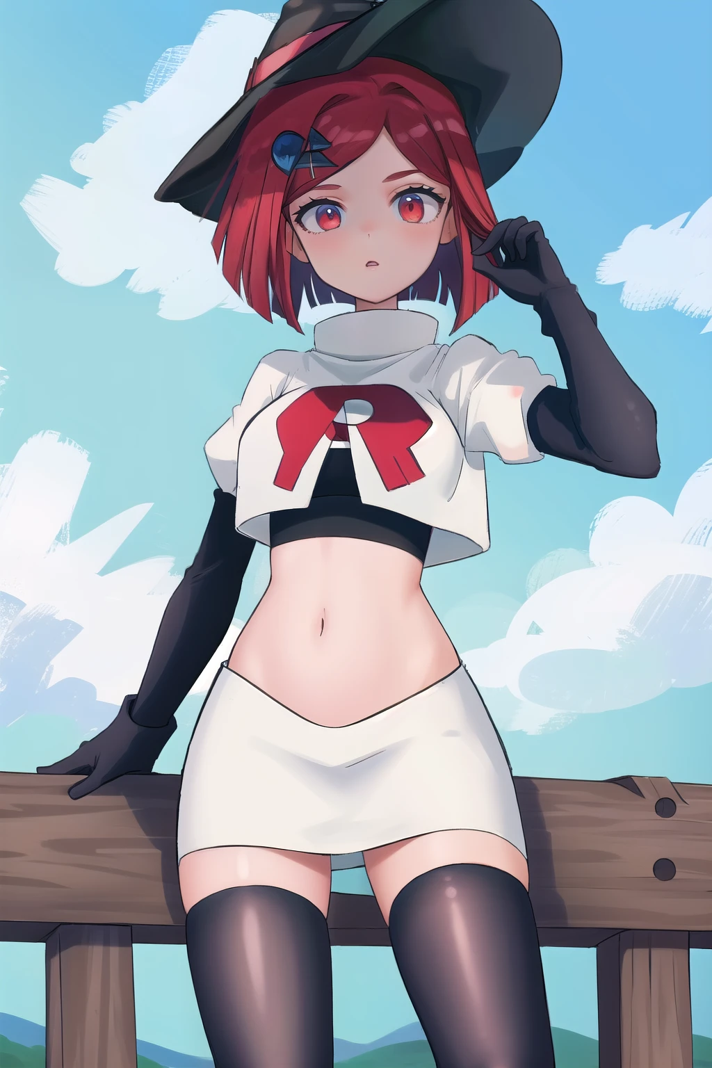 Masterpiece, Best Quality, 1girl, hat, witch hat, outdoors, sky, team rocket,team rocket uniform,white skirt,red letter R,crop top,black thigh-highs,black elbow gloves