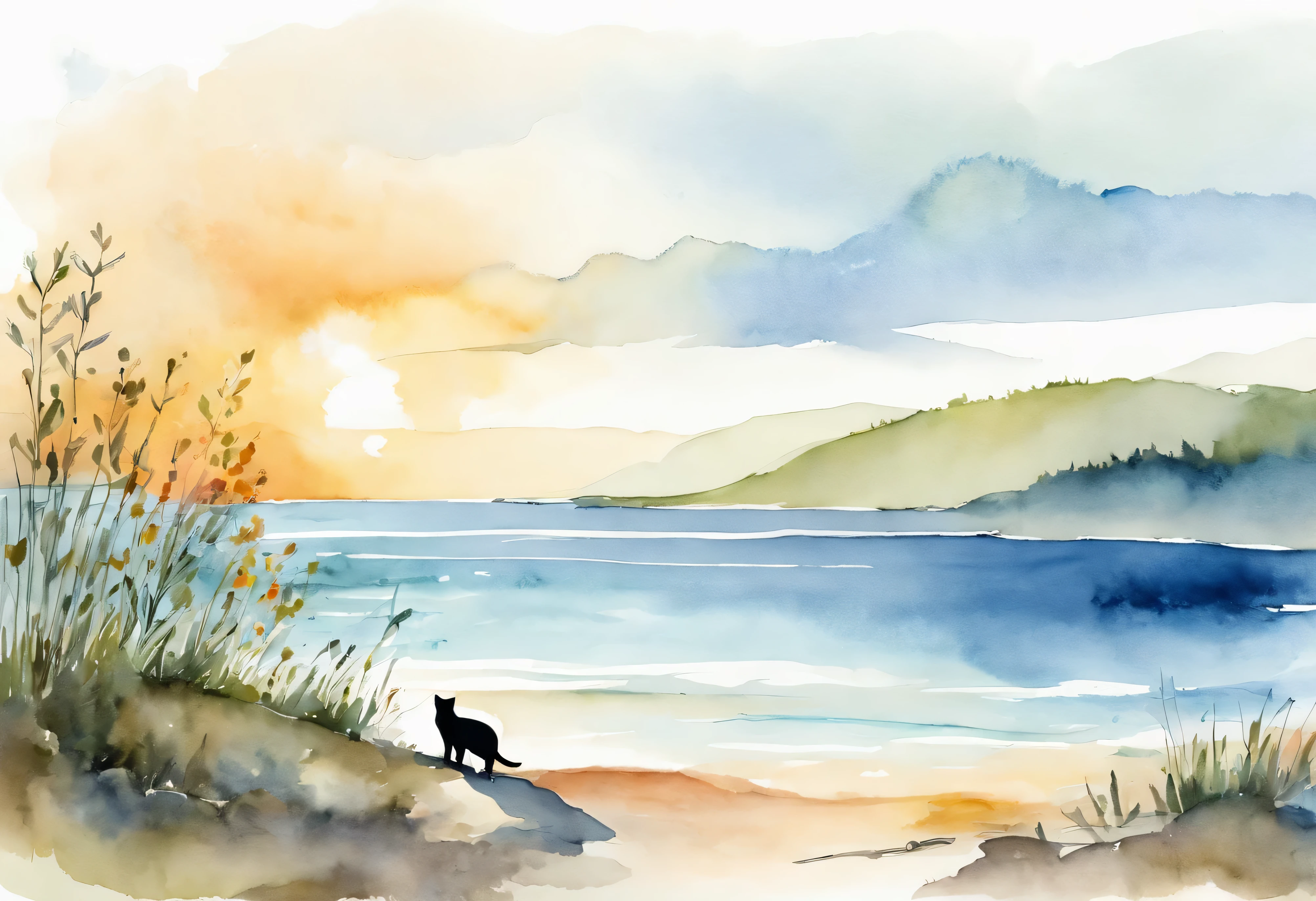 Summer sea and cat silhouette、Simple line art illustration、minimalism