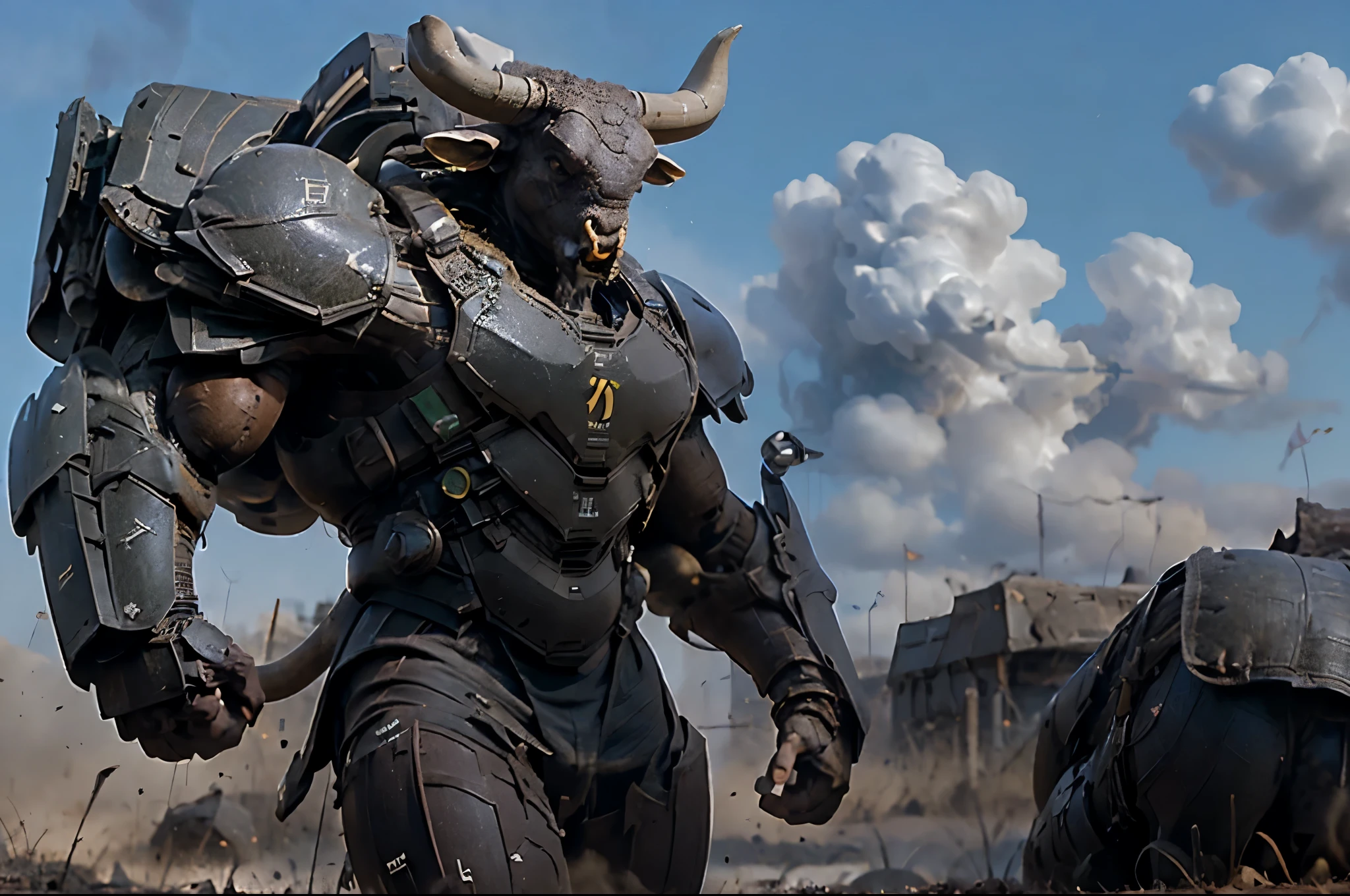 ((a Minotaur running across a battlefield in powered battle armor)), photo realistic, masterpiece, best, hyper realistic minotaur soldier in powered armor, minotaur shooting, futuristic battlefield