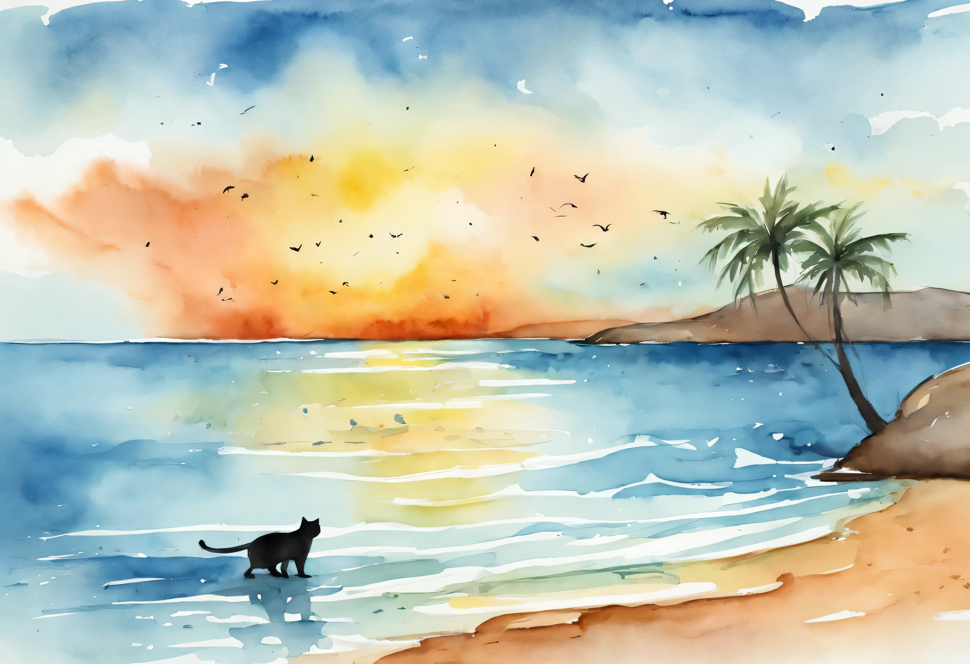 Summer sea and cat silhouette、Simple line art illustration、minimalism