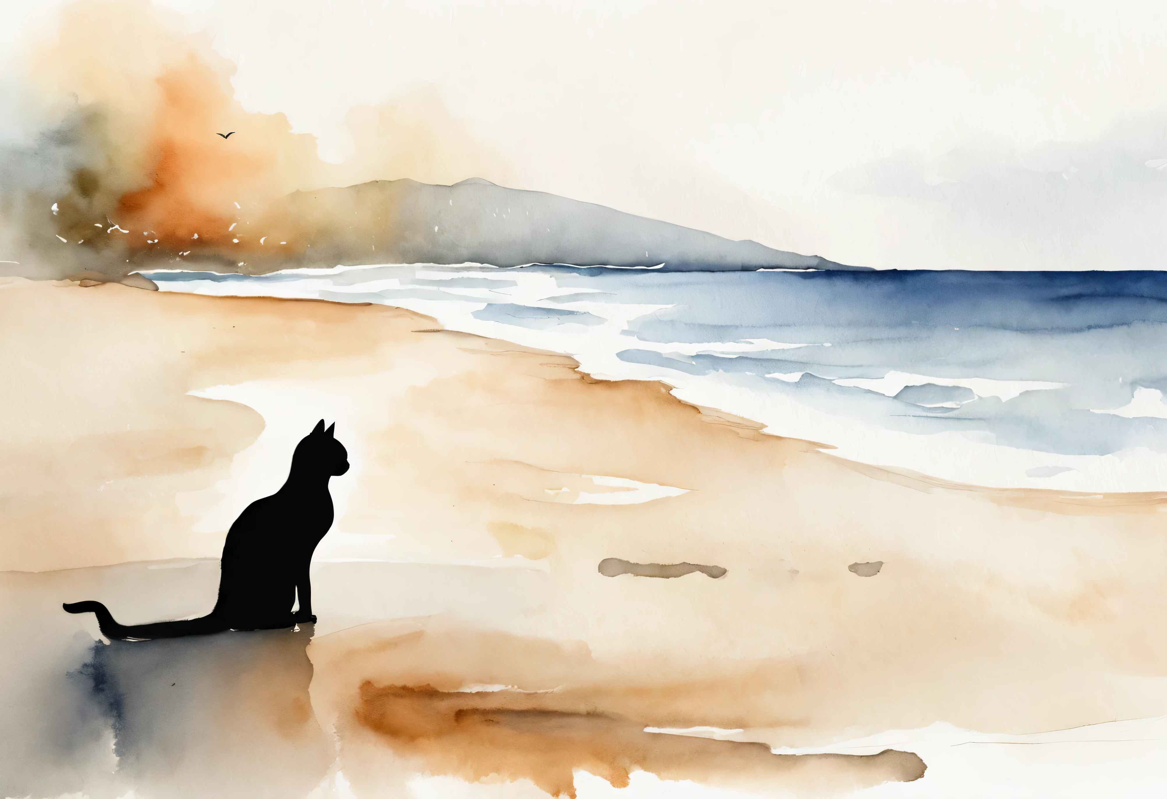 Painting of a cat sitting on a beach looking out at the ocean - SeaArt AI
