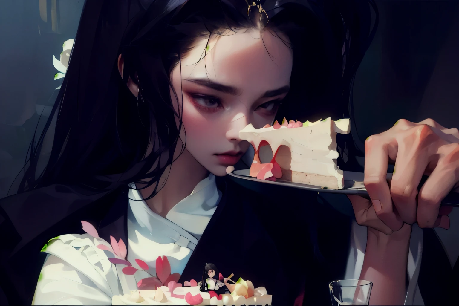 (absurdres, highres, ultra detailed), 1woman, finely detailed eyes and detailed face, extremely detailed CG unity 8k wallpaper, intricate details, solo, upper body, detailed background, close up, detailed face, dynamic pose, epic ethereal atmosphere, portrait, ((masterpiece)), surrounded by dried flowers, dried flowers everywhere, long brown hair, red eyes, brown chinese jacket with long sleeves, brown hat, black shorts, white socks, holding a cake, eating a cake