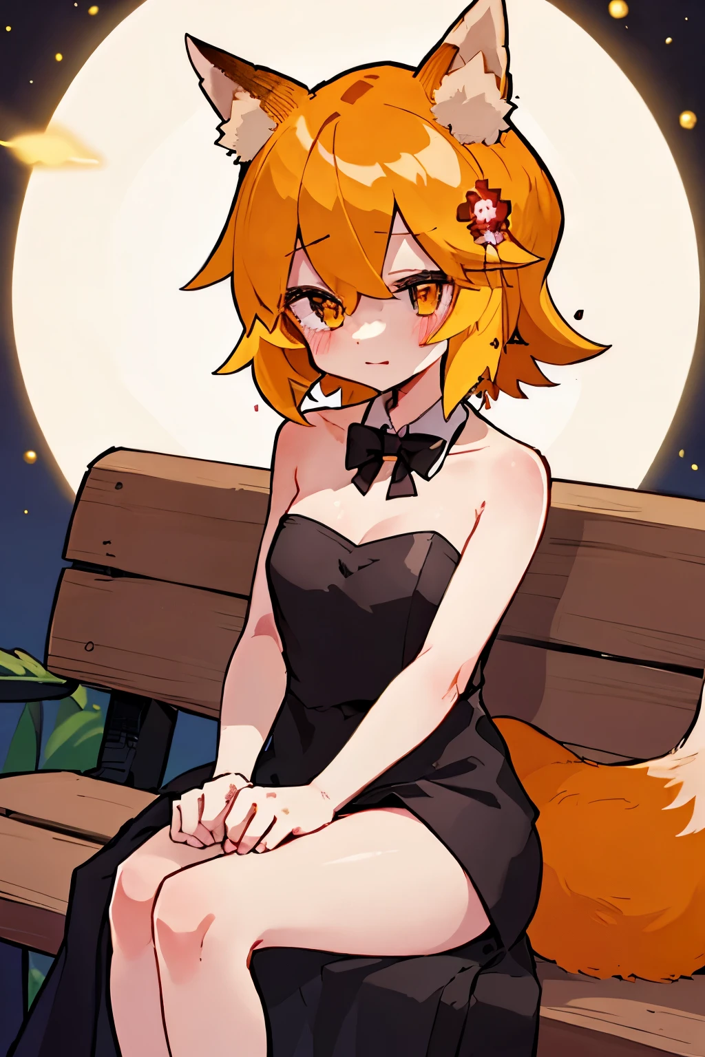 masterpiece, best quality, highly detailed, sen, animal ears, fox ears, fox girl, fox tail, hair flower, hair ornament, orange eyes, orange hair, short hair, tail, blush, looking at viewer, , girl, small breasts, detailed hands, keqing (opulent splendor) (genshin impact), official alternate costume, dress, night, strapless dress, looking at viewer, cleavage, black dress, strapless, bare shoulders, bangs, bow, detached collar, ribbon, double bun, two-tone dress, hair ornament, black bow, hair ribbon, blue dress, bowtie, sitting on bench