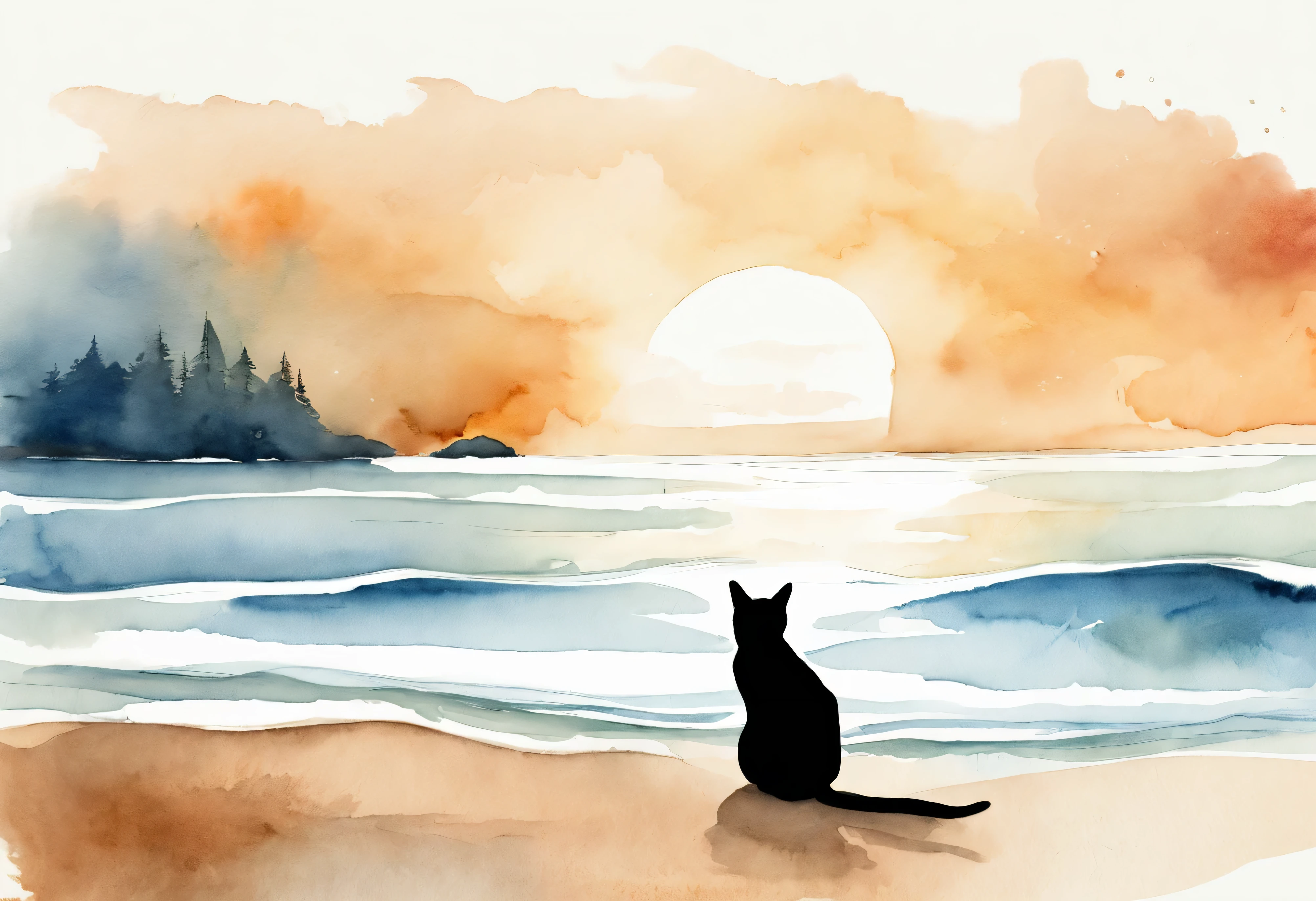 Summer sea and cat silhouette、Simple line art illustration、minimalism