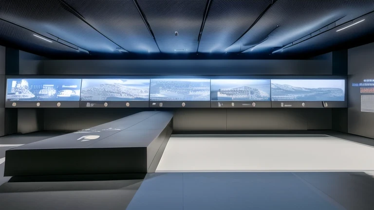 exhibition room Experience Hall เป็นสถานที่ที่เป็นนวัตกรรมและล้ำสมัย., exhibition roomการศึกษาการป้องกันประเทศ, high-tech interaction, Immersive experience,exhibition room, Many booth designs, Many people are walking, modern hall style, UHD, height, height, 1080p, 8k, Super details, Anatomically correct