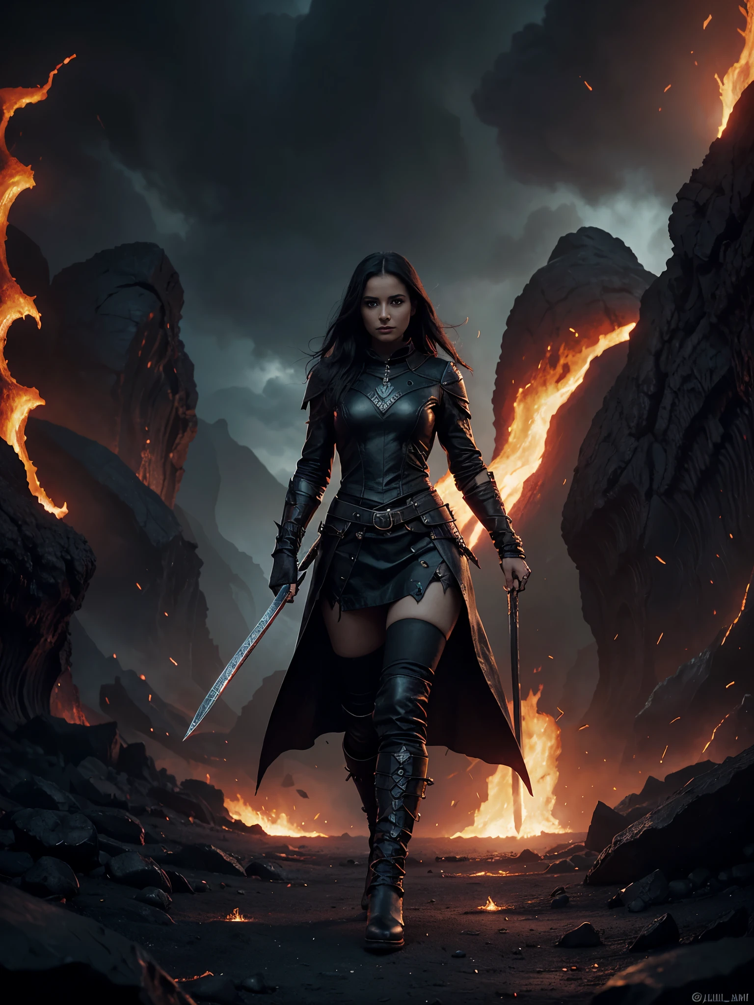 arafed woman in black leather outfit walking through a lava field, in style of dark fantasy art, epic fantasy digital art style, diablo 4 lilith, epic fantasy art style hd, 4k fantasy art, epic fantasy digital art, epic fantasy character art, a very beautiful berserker woman, of a beautiful female knight, beautiful female warrior, epic fantasy art style