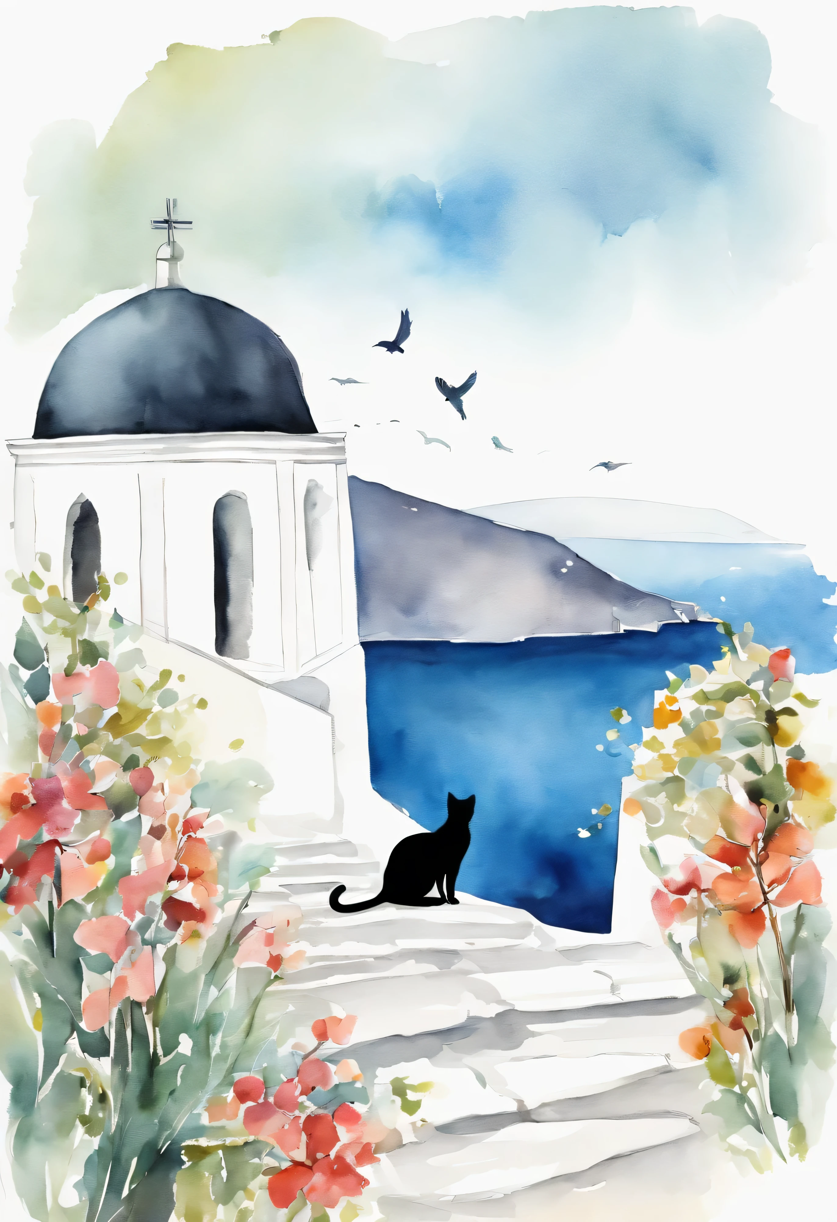 Greece summer sea and cat silhouette、White-walled windmill and church、Simple line art illustration、minimalism