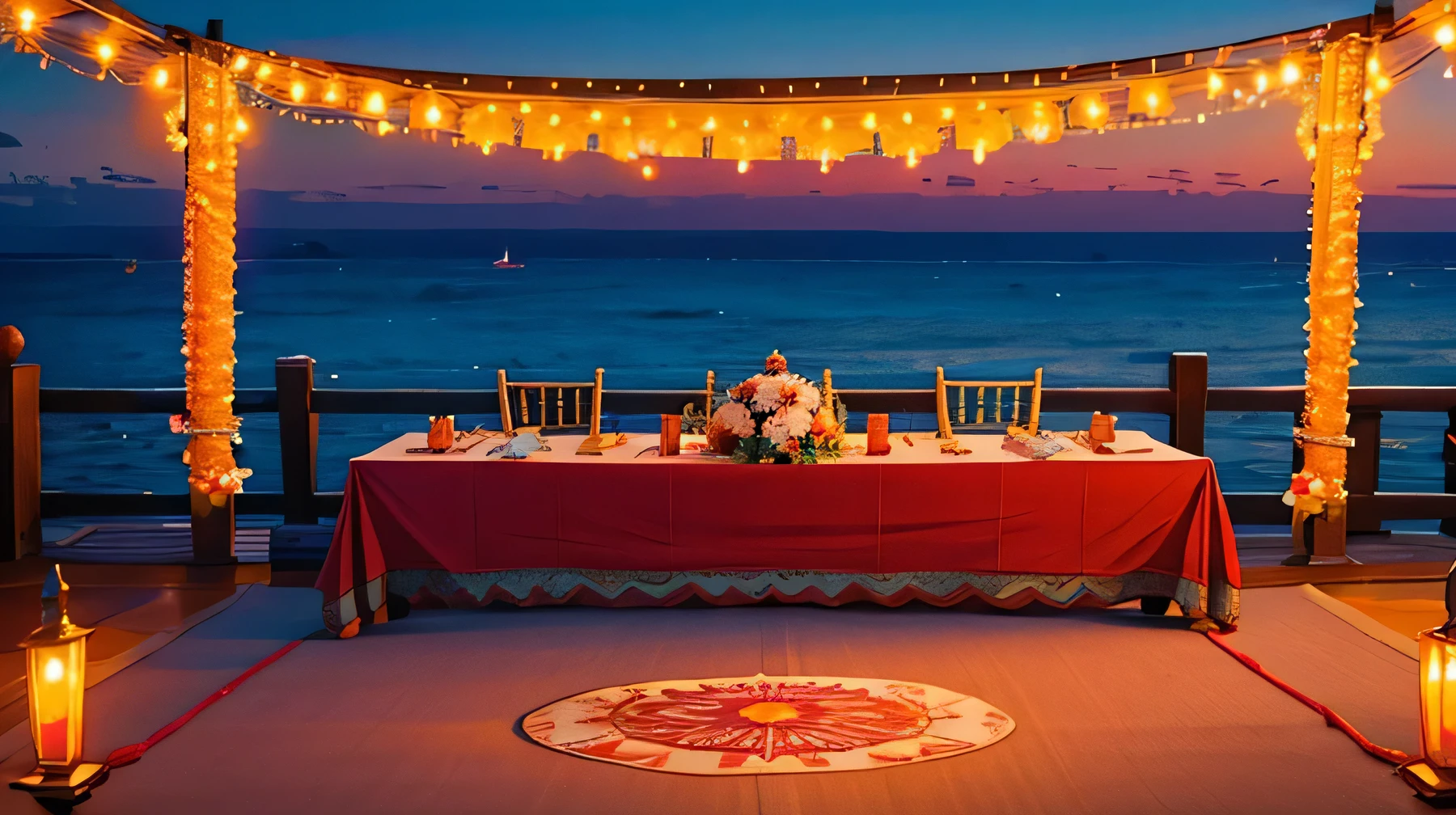 traditional Indian wedding reception, coastal, ocean in background, dusk, fireworks, floral decor, bright colors, long tables, rope lights, indian decor